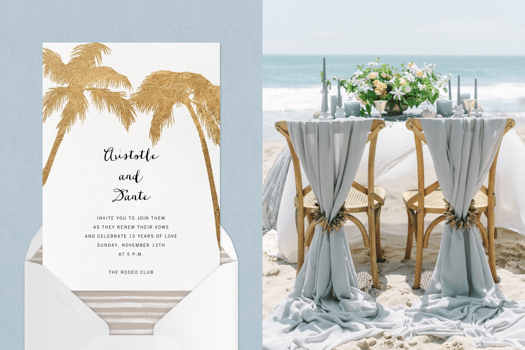 A wedding vow renewal invitation featuring a gold palm tree illustration; A table and chairs with flowers and candles on the beach.