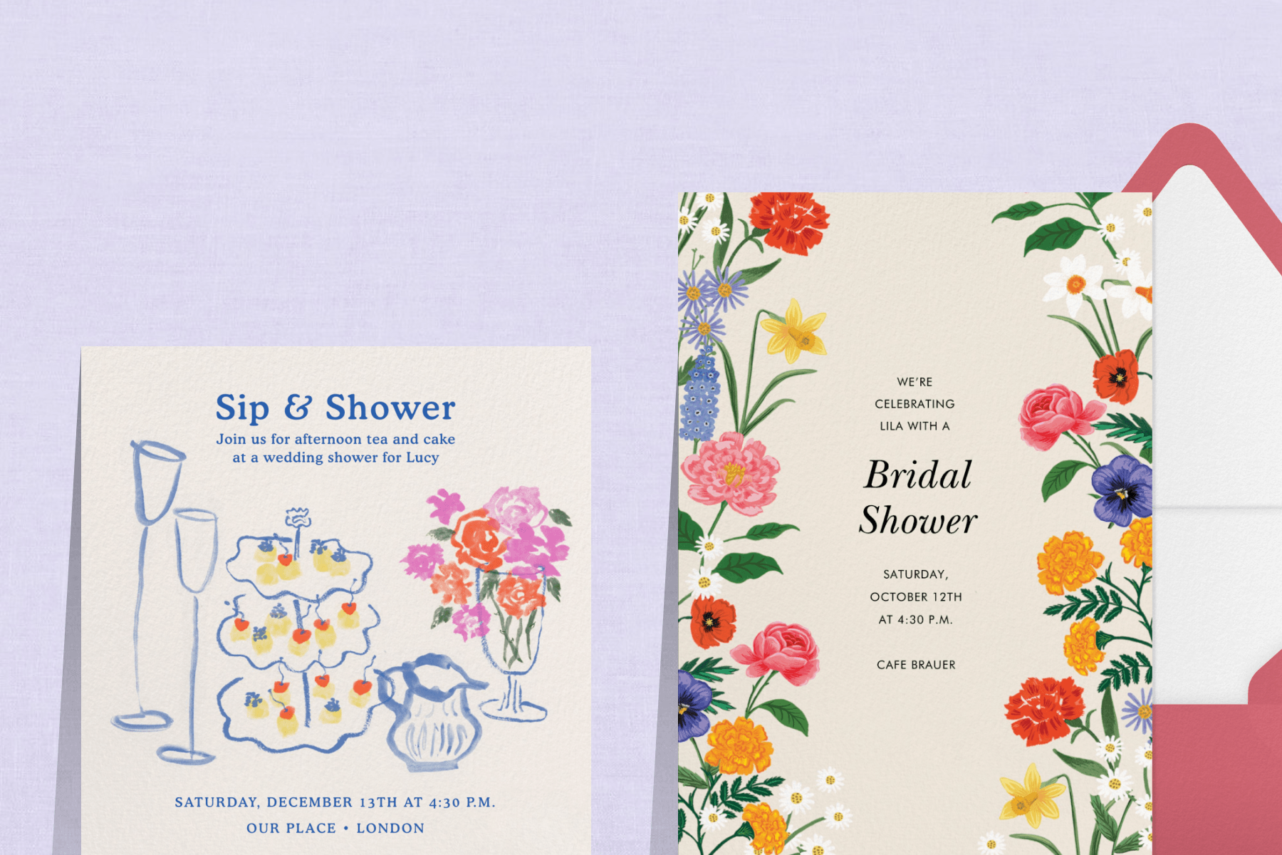 A lilac background with two invitations. On the left, a white bridal shower invitation with text reading, ‘Sip & Shower’, along with colorful flowers and snacks on a tiered tray. On the right, a bridal shower invitation bordered with colorful flowers sits over a red envelope.