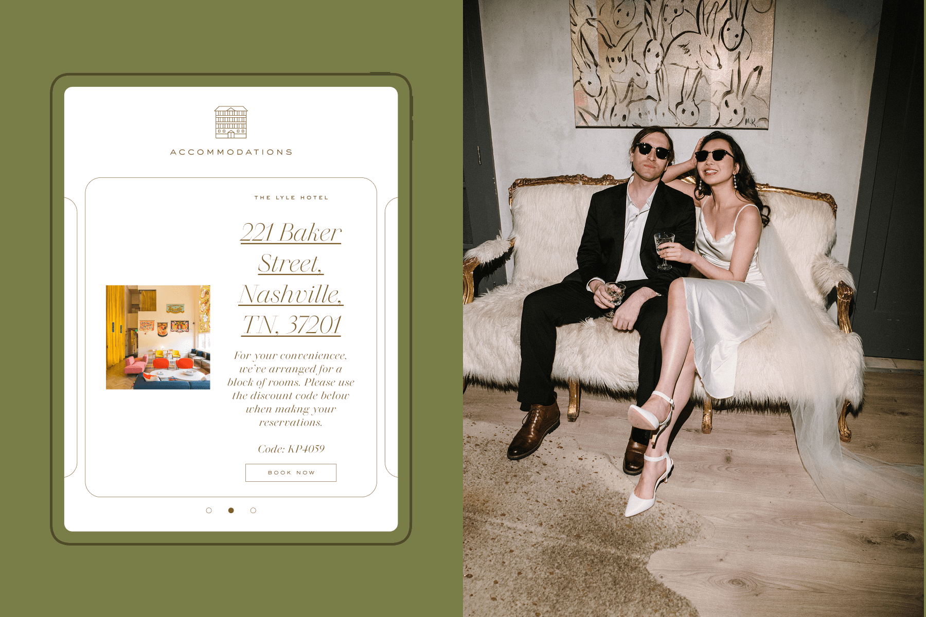 An Accommodations Block on a Paperless Post wedding invitation event page with images and addresses of hotel options, over an olive green backdrop; A bride and groom posing on a white furry couch in sunglasses. 