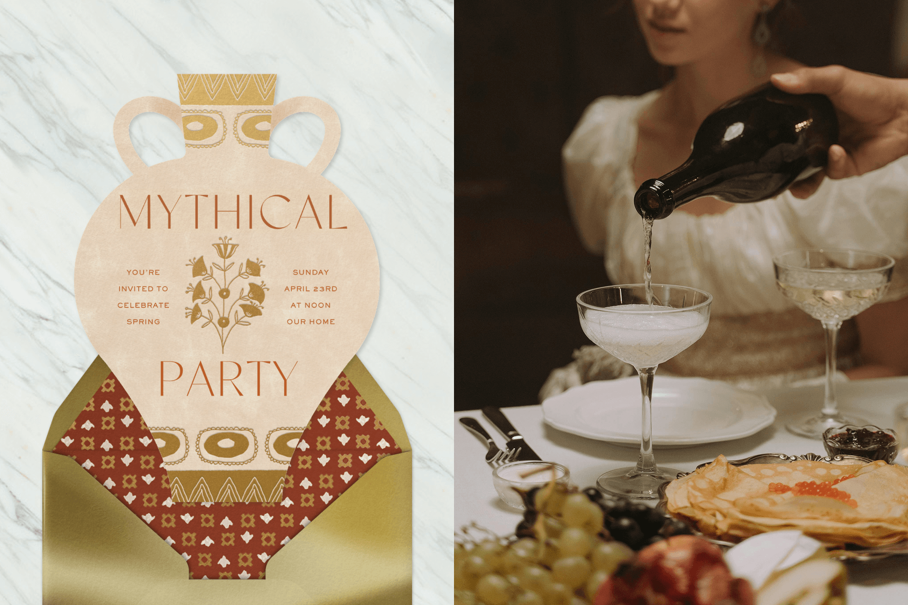 An invitation in the shape of an amphora for a gods and goddesses mythical-themed party; A woman sitting at a dinner table next to a glass of champagne being poured, plus cheese and fruit platters.