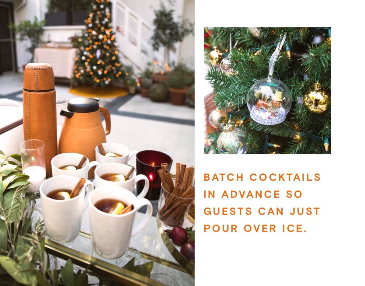 holiday open house ideas like batched holiday cocktails in advance so guests can pour over ice