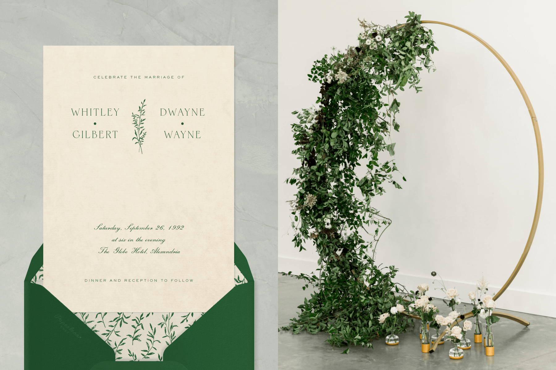 Left: A cream wedding invitation with a small green sprig between the couple’s names and a matching green envelope. Right: A gold wedding arch with tangled greenery and white flowers cascading down one side.