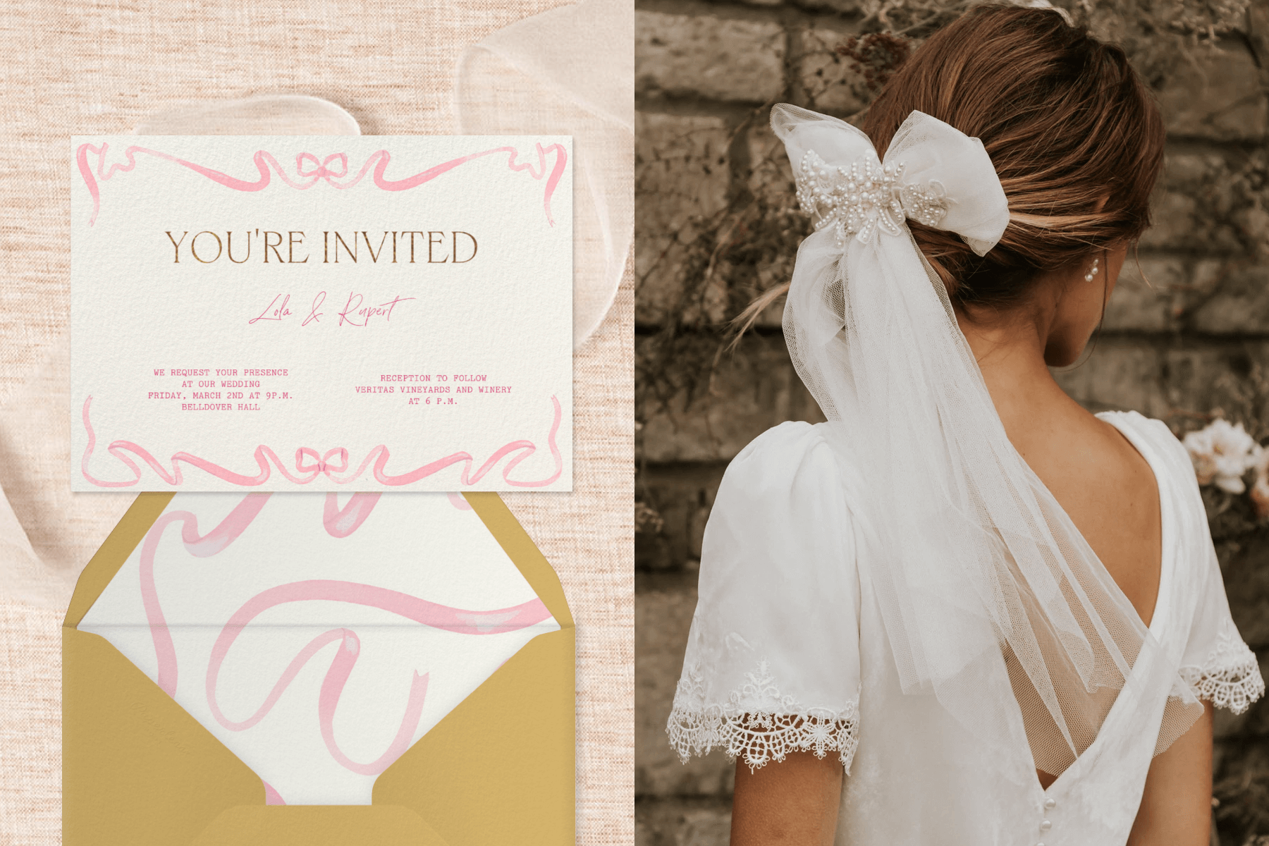 Left: A wedding invitation with painterly pink ribbon bows stretching across both top and bottom. Right: Viewed from behind, a person wears a bow-inspired white veil in their hair.