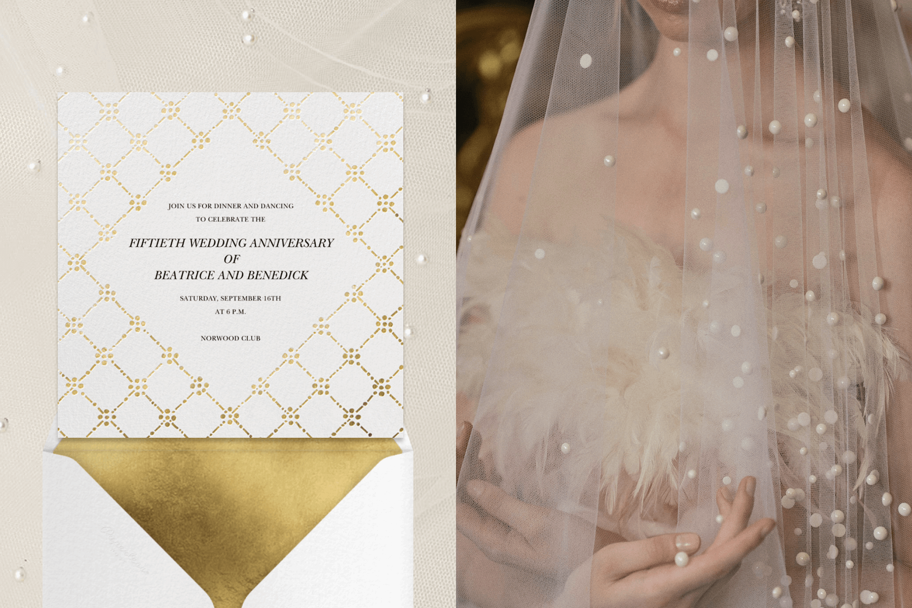 Left: A white wedding invitation with a decorative gold lattice pattern and a white envelope with gold liner. Right: A close-up of a person wearing a white veil with pearl details over a featured bustier.