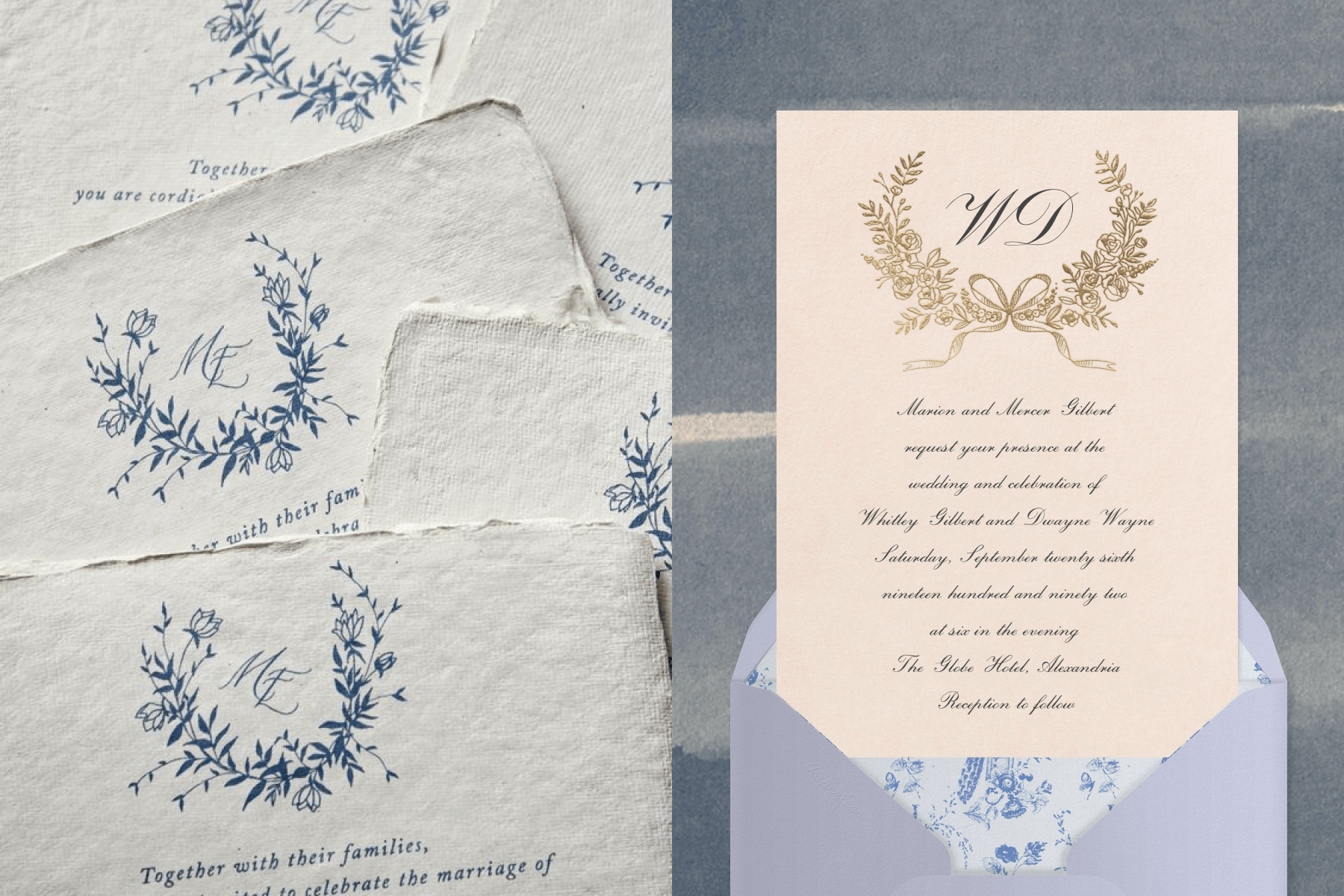 Left: Several sheets of handmade paper feature a blue signature crest with an arc of flowers and monogram. Right: A light pink wedding invitation features a monogram and gold crest of flowers and greenery with a bow emerging from a lavender envelope.