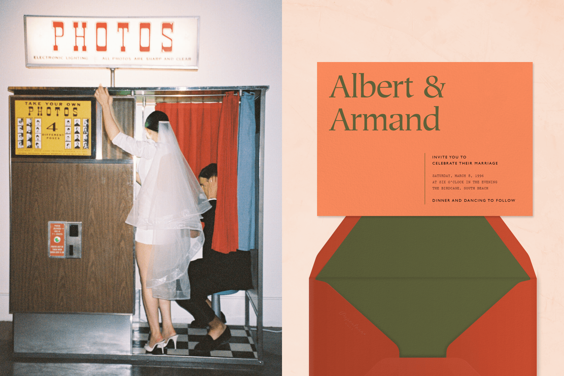 Left: A couple in semi-casual wedding attire pose at a retro photo booth with wood paneling. Right: A salmon-colored wedding invitation with the couple’s first names written in large green serif font in the top left corner and a red envelope with green lining.