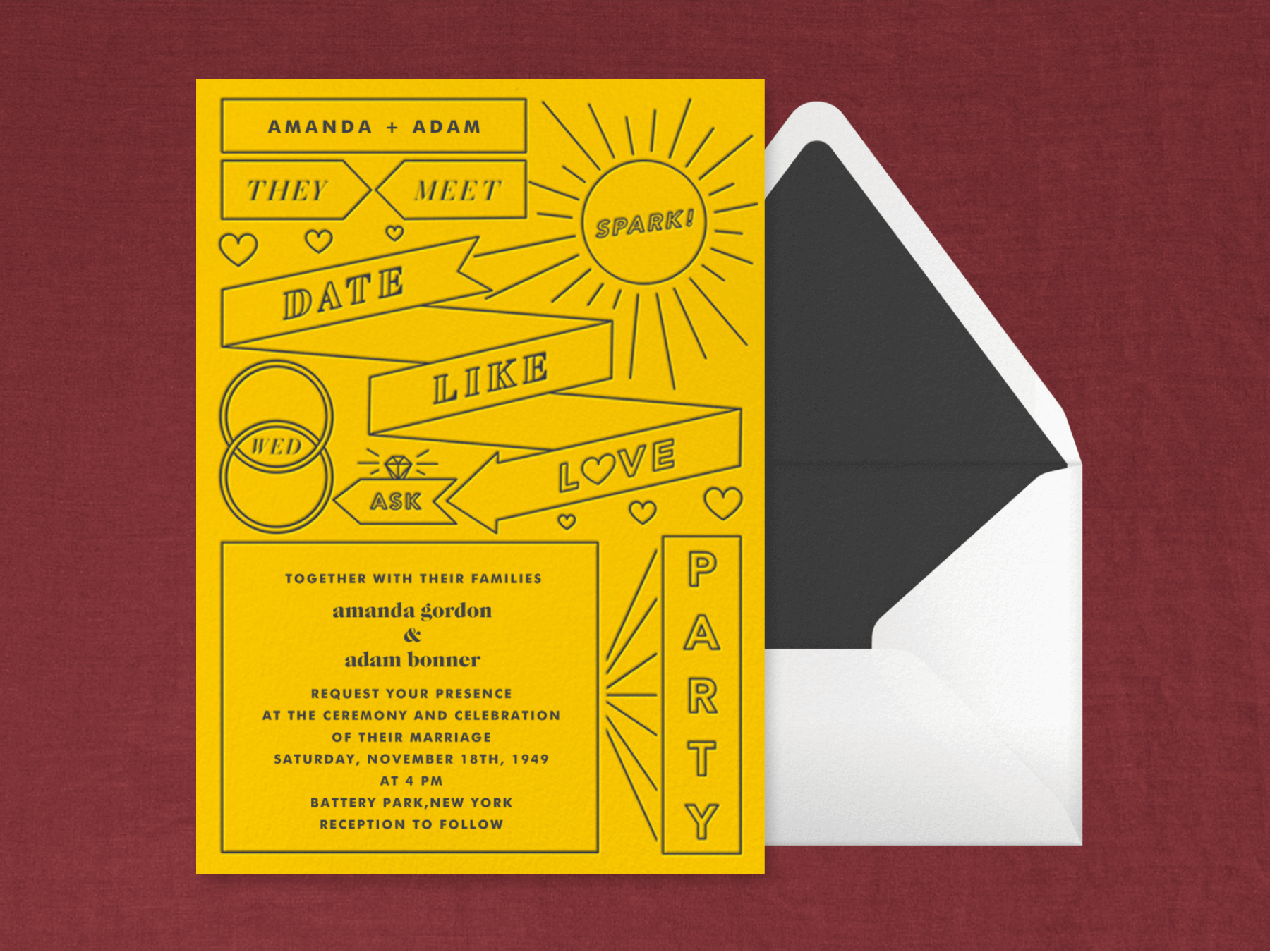 A vertical yellow wedding invitation with an infographic design showing the event details. It’s paired with a white envelope and black lining.