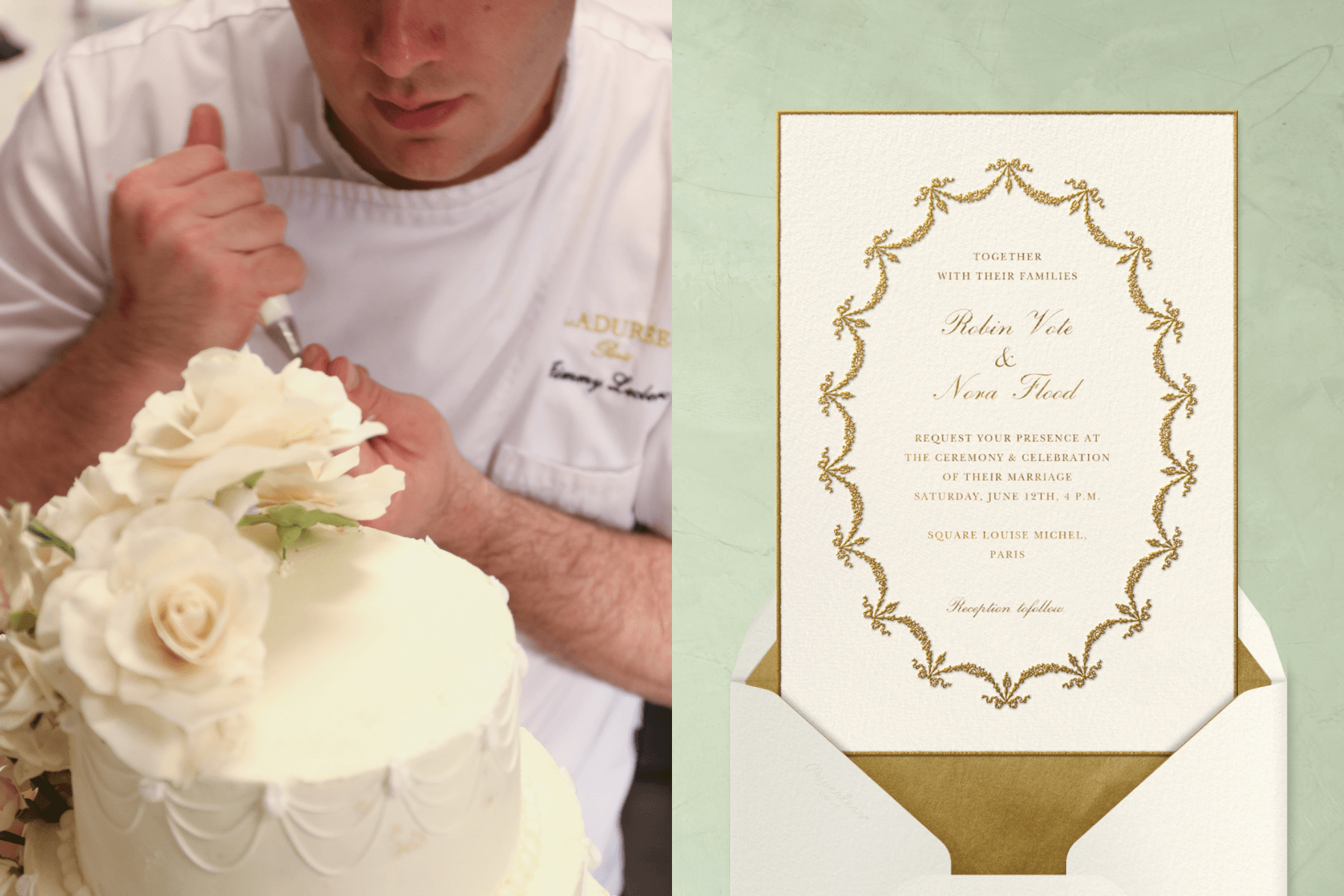 Left: A pastry chef pipes icing flowers onto wedding cake; Right: A Laduree wedding invitation that is cream colored with gold details. 