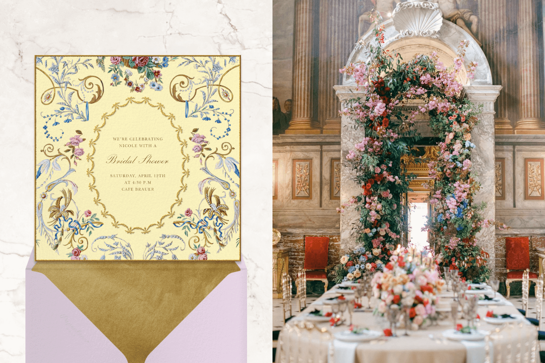 Left: A yellow bridal shower invitation with ornate decorations including gold designs and flowers; Left: A banquet room with a long dining table covered in pink and red flowers.