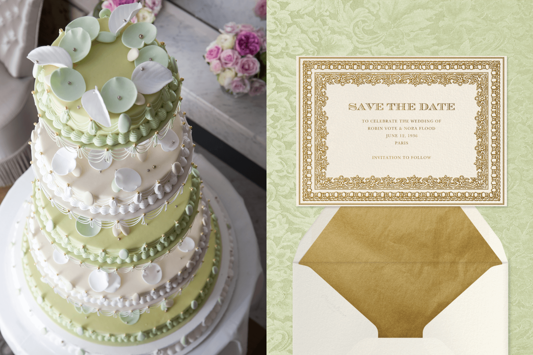 Left: A green and white multi-tiered wedding cake; Right: A Laduree save the date card that is cream colored with gold details. 