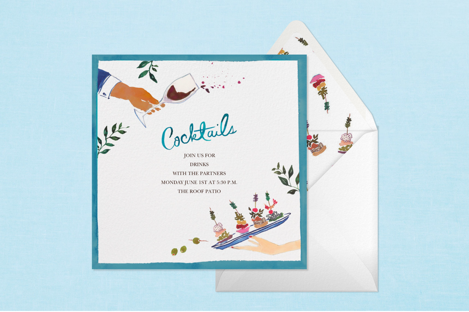 A cocktail party invitation featuring an illustration of hands holding a wine glass and appetizers paired with a white envelope, matching illustrated envelope liner, and a light blue background.