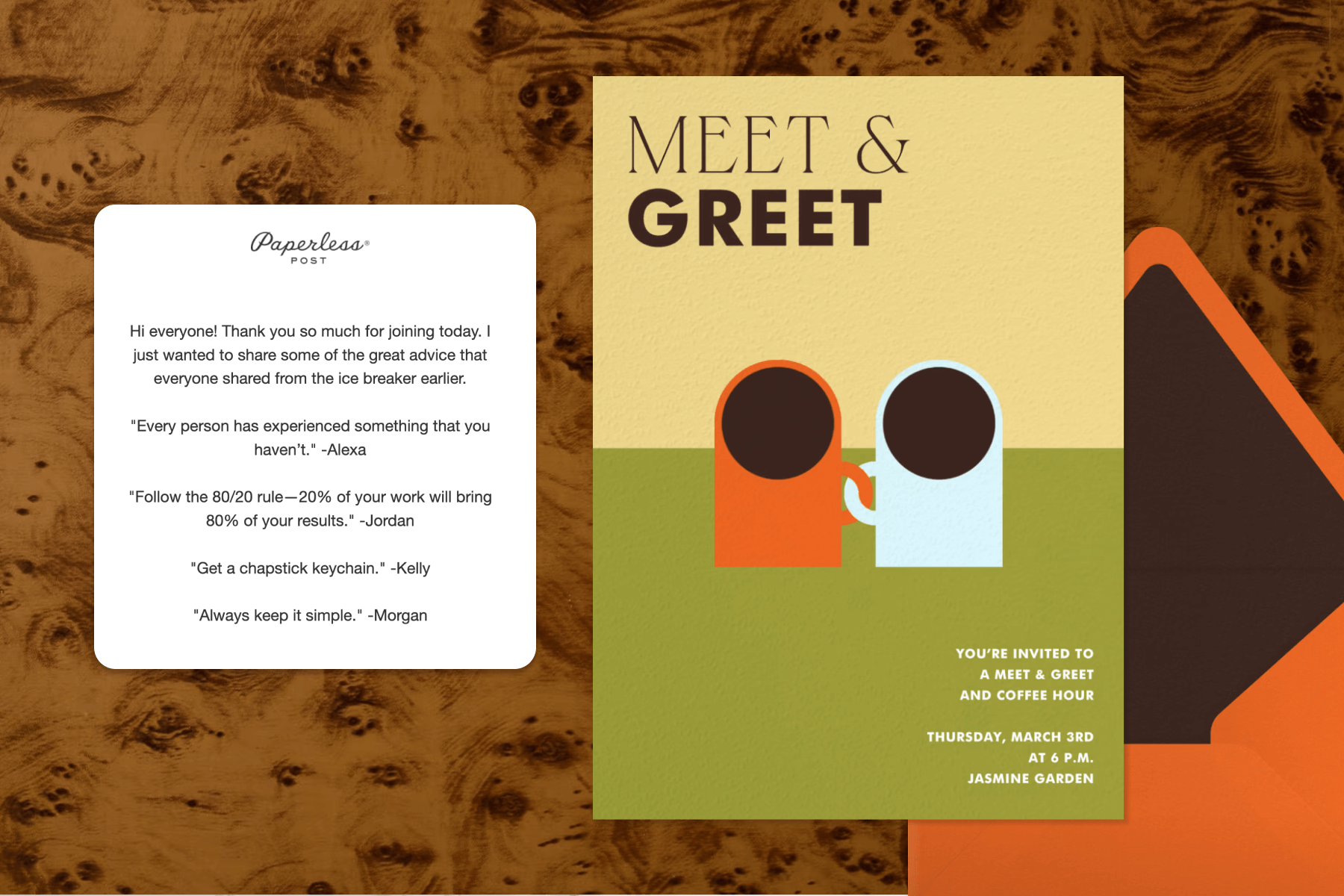 A burl wood background featuring a screenshot of a thank you message from the party host paired with a meet and greet party invitation and a matching orange envelope.
