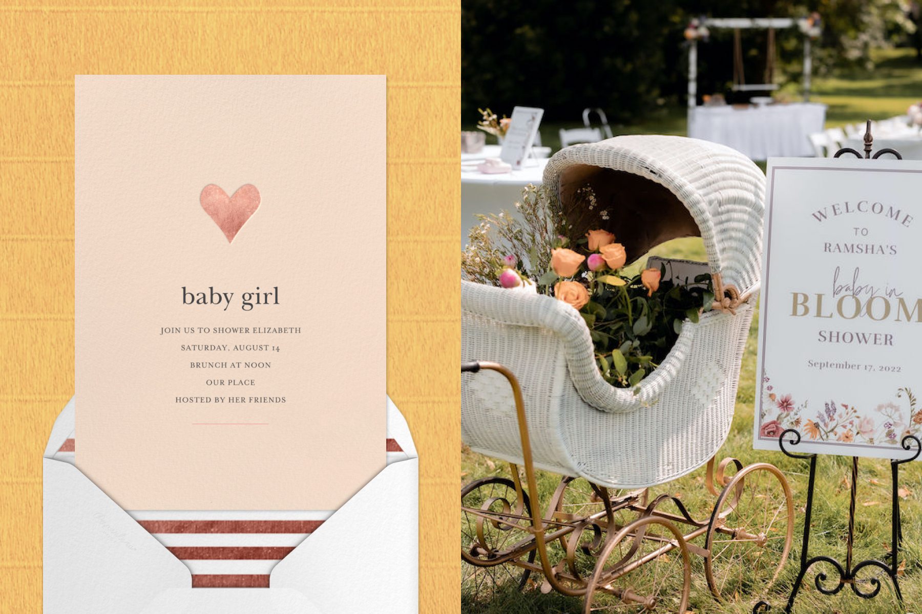 A light pink invitation has a pink foil heart and the words ‘baby girl;’ a wicker baby carriage full of flowers next to a baby shower welcome sign.