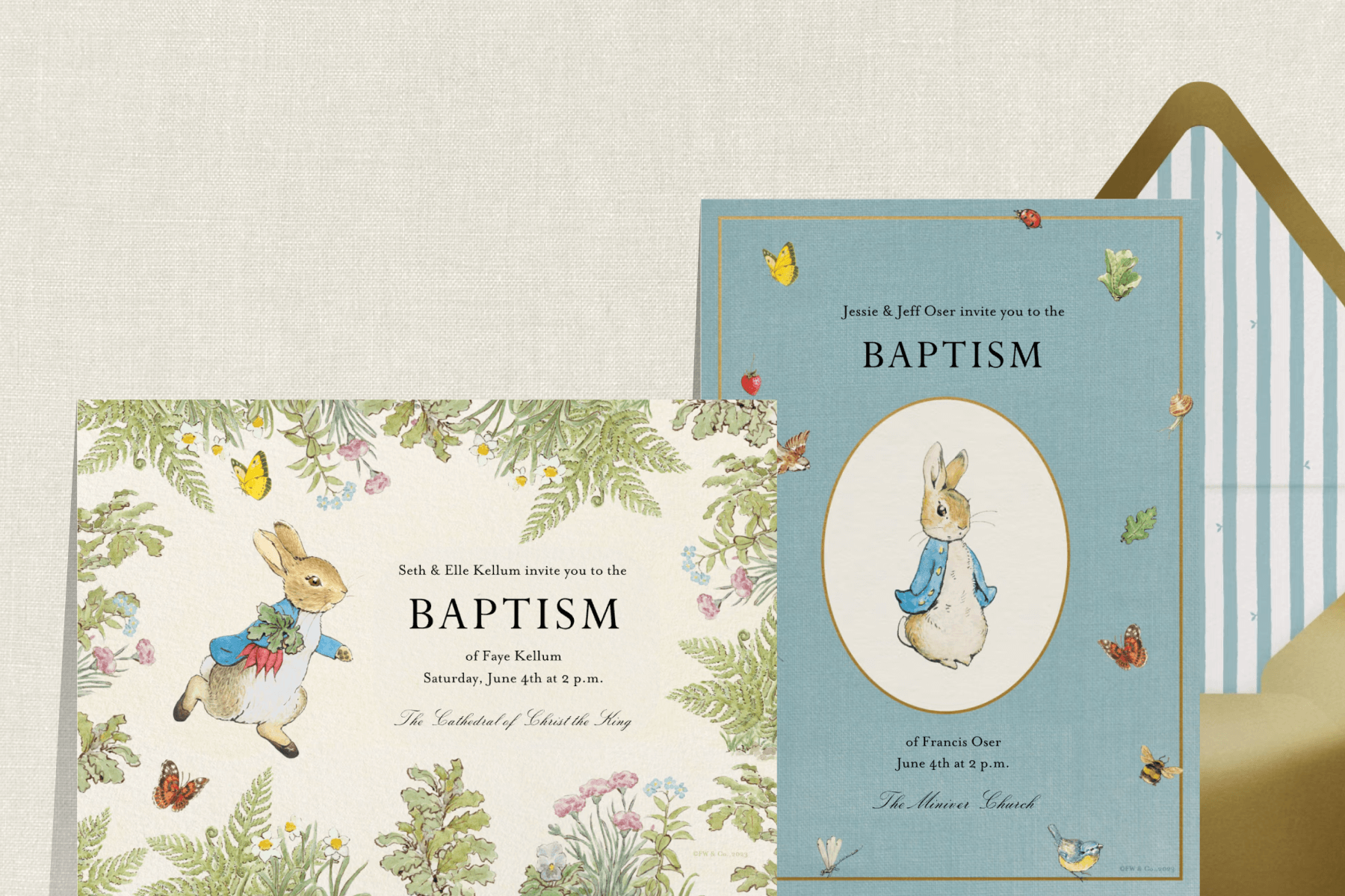 Two baptism invitations with illustrations of Peter Rabbit, one featuring a cream background surrounded by foliage, the other featuring a light blue background surrounded by butterflies, paired with a gold envelope and blue and white striped envelope liner, all on a beige linen background.