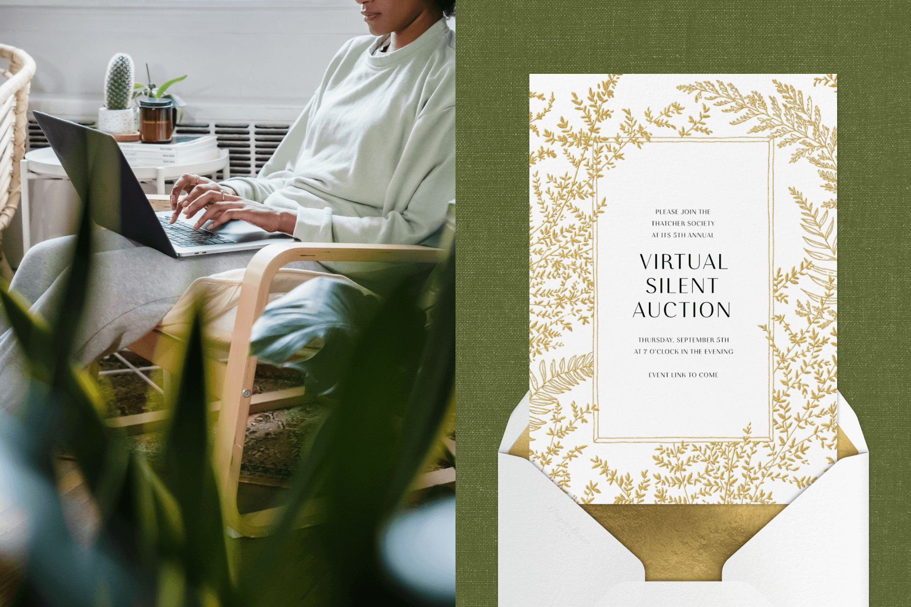A person sitting in a chair working with a laptop on their lap; A virtual silent auction invitation with a gold leafy border paired with a white envelope, gold envelope liner, and green textured background.