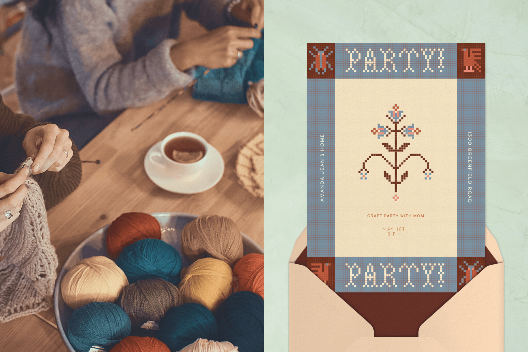 Left: Two people knit at a wooden table with a cup of tea and a bowl of yarn. Right: A digital invitation for a crafting party with a blue border in the style of cross-stitched fabric coming out of a cream envelope over a pale green background.