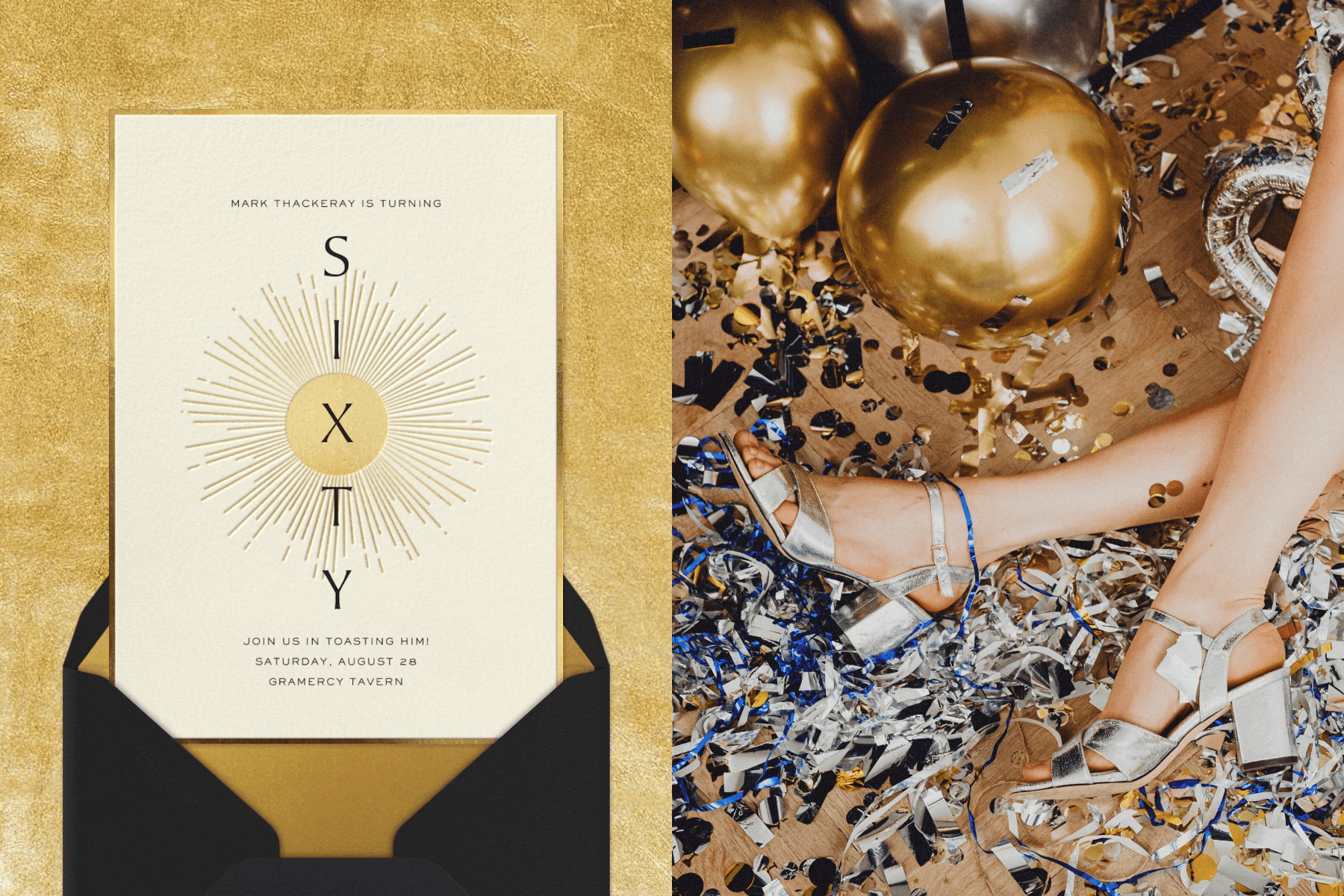Left: “Around the Sun” invitation by Paperless Post featuring an illustration of a sun and vertical text on a gold background. | Right: Image of a woman’s feet in high heels surrounded by confetti.