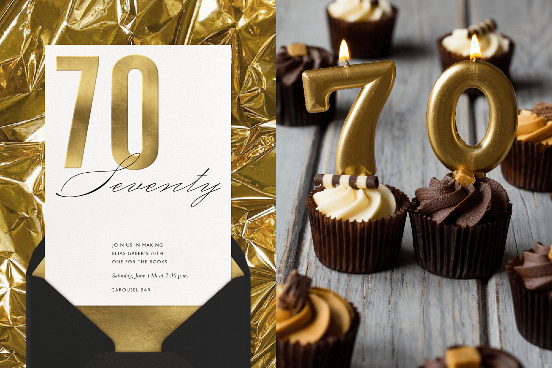 A 70th birthday invitation featuring gold text that reads ‘70’ paired with a black envelope, gold envelope liner, and gold crinkly paper background; Black and white frosted cupcakes with gold ‘70’ lit candles.
