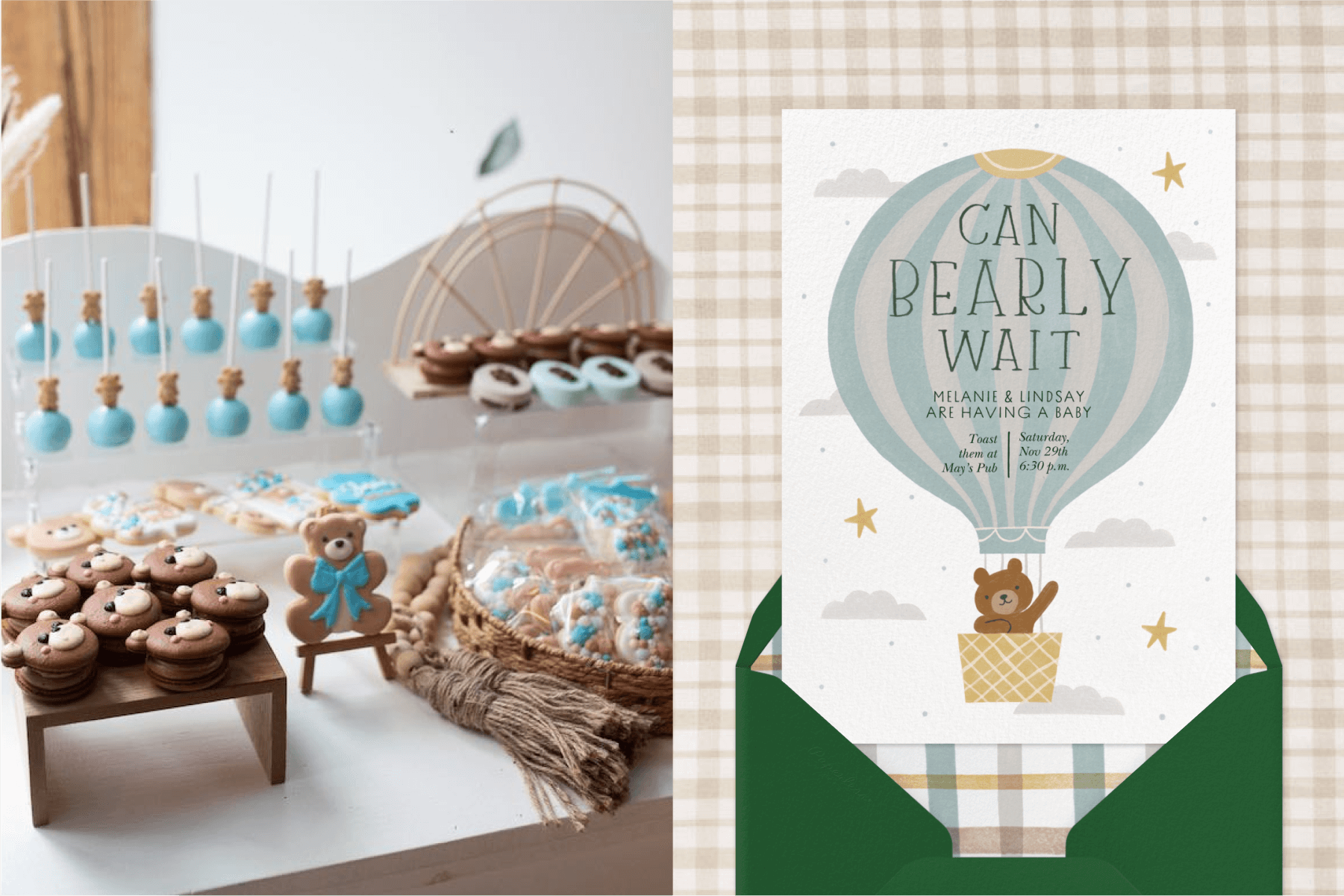 Left: Teddy bear-themed cookies and treats; Right: an invitation with a teddy bear waving from a blue hot air balloon.