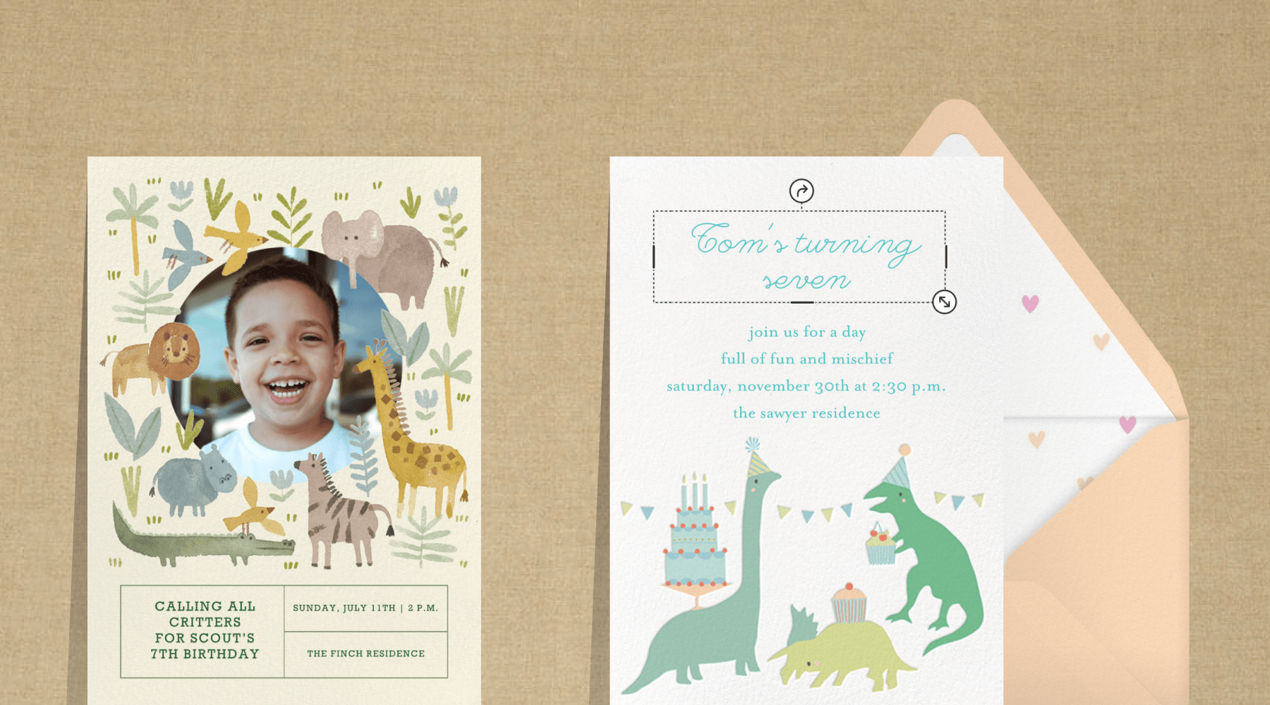 Two kids’ birthday invitations, one has a photo with an illustrated frame of safari animals and the other has dinos with cakes.