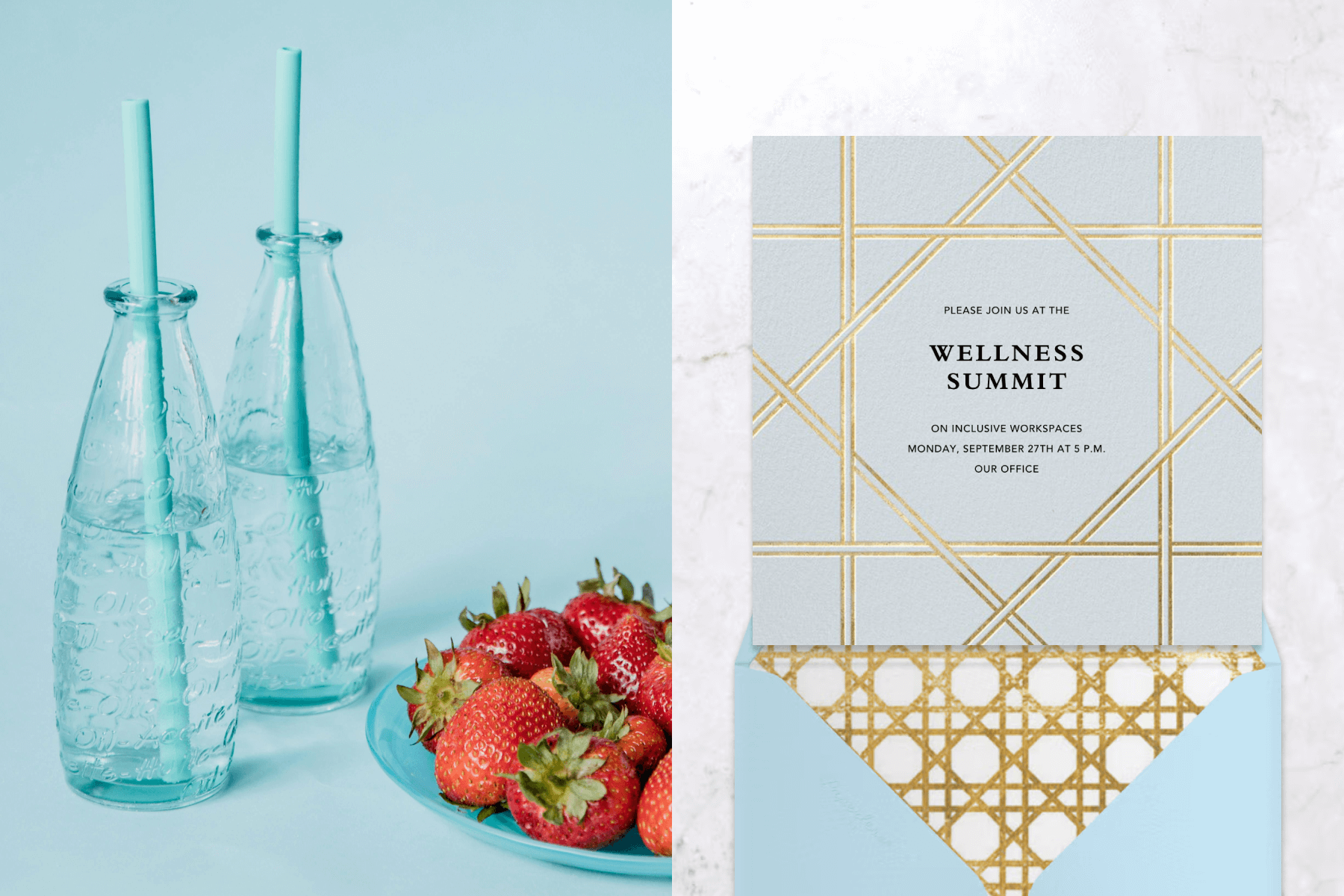 Two glass bottles with blue straws and a plate of strawberries; a light blue invitation for a wellness summit with intersecting gold lines.