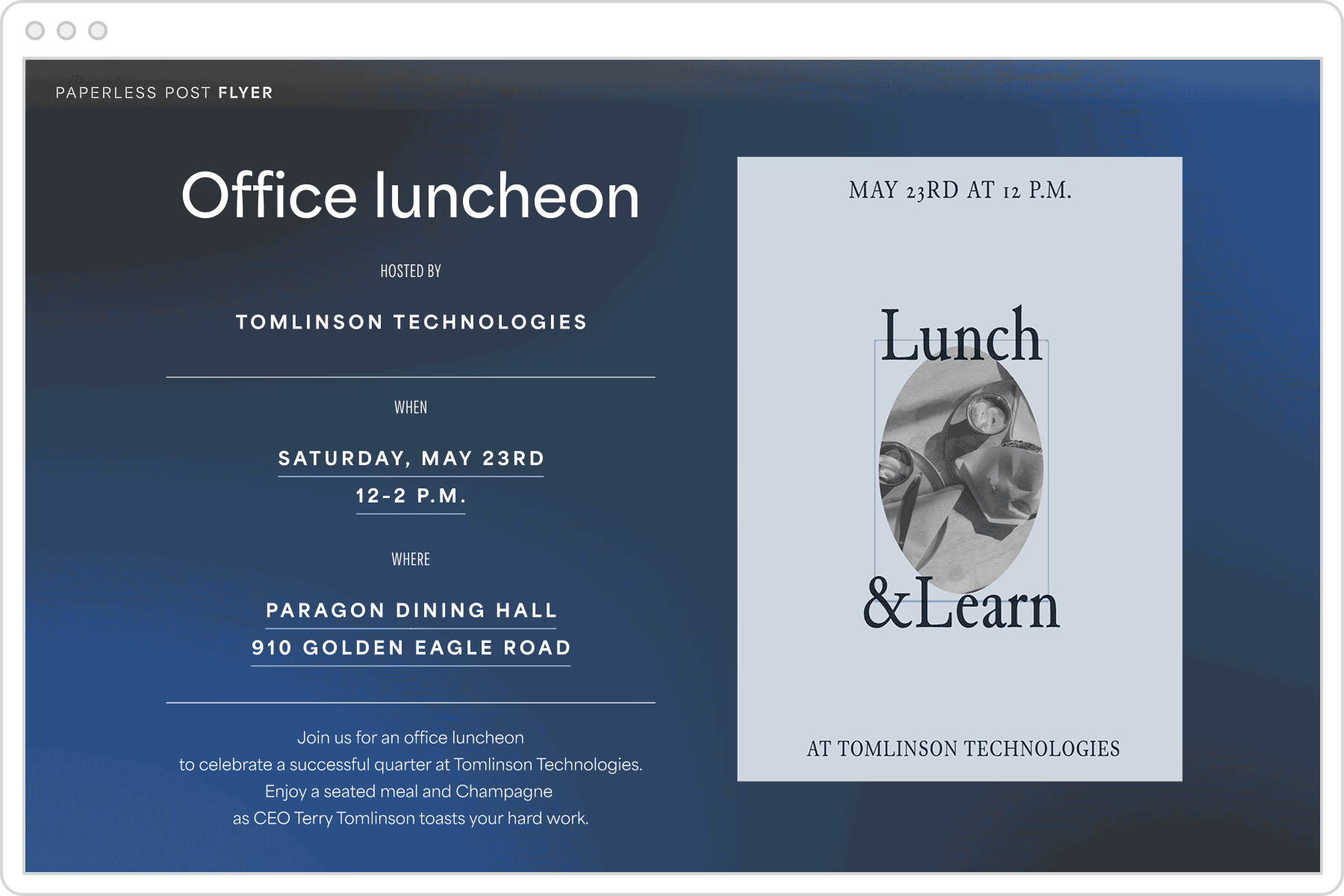 A blue gradient Flyer invitation with the words ‘Lunch & Learn’ is animated to feature an expanding square around the main text, and a black-and-white photo of two plates with sauces, napkins, and cutlery. The Flyer sits on a blue gradient event page with the words ‘Office luncheon’ above event details.
