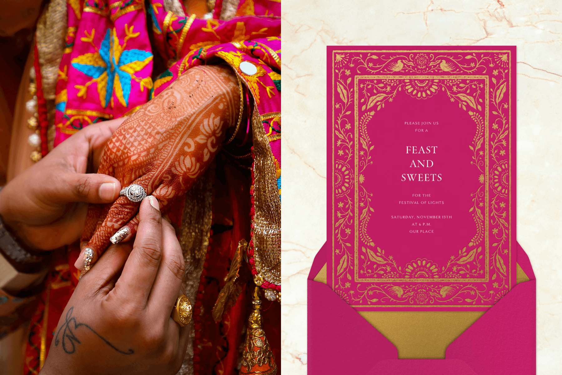 A close-up of a woman wearing a traditional Indian wedding outfit with a hand decorated with henna tattoos, and another hand putting a ring on her finger; A hot pink wedding invitation with a gold floral double border paired with a hot pink envelope, gold envelope liner, and a cream and peach marbled background. 