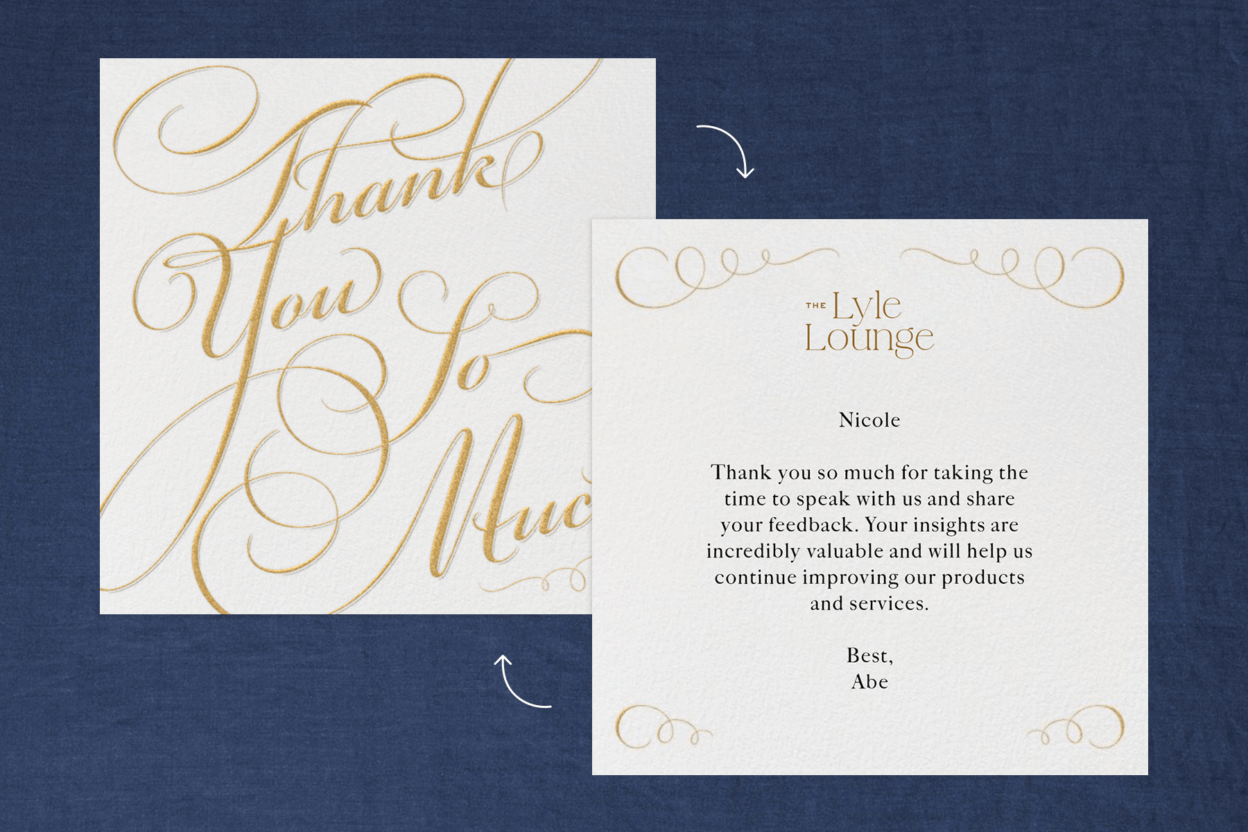 A white square invitation sits on a navy blue textured background, featuring gold script text on the front side that reads “Thank You So Much,” plus a back side featuring a business logo and gold flourishes with a thank you note.