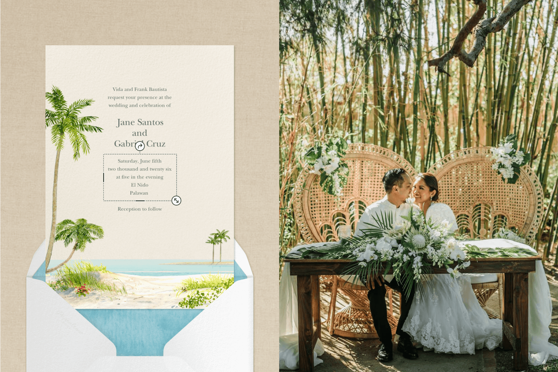 An invitation with palm trees on a beach; a newlywed couple in wedding attire sits at a sweetheart table in front of a bamboo forest.