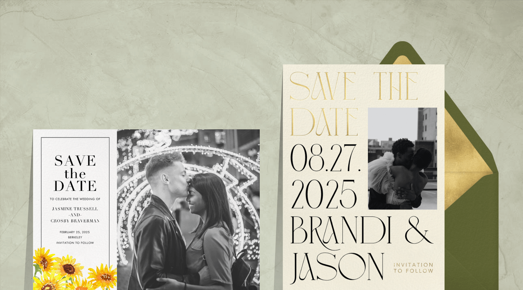 Two save the dates—one with a black and white photo of a couple and sunflowers; the other text-heavy with large gold and black font beside a green envelope.