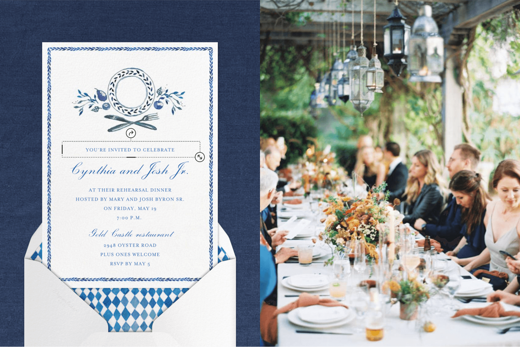 Left: A preppy blue rehearsal dinner invitation with an illustration of a plate, fork, and knife; left: wedding guests seated at a long, elegant table