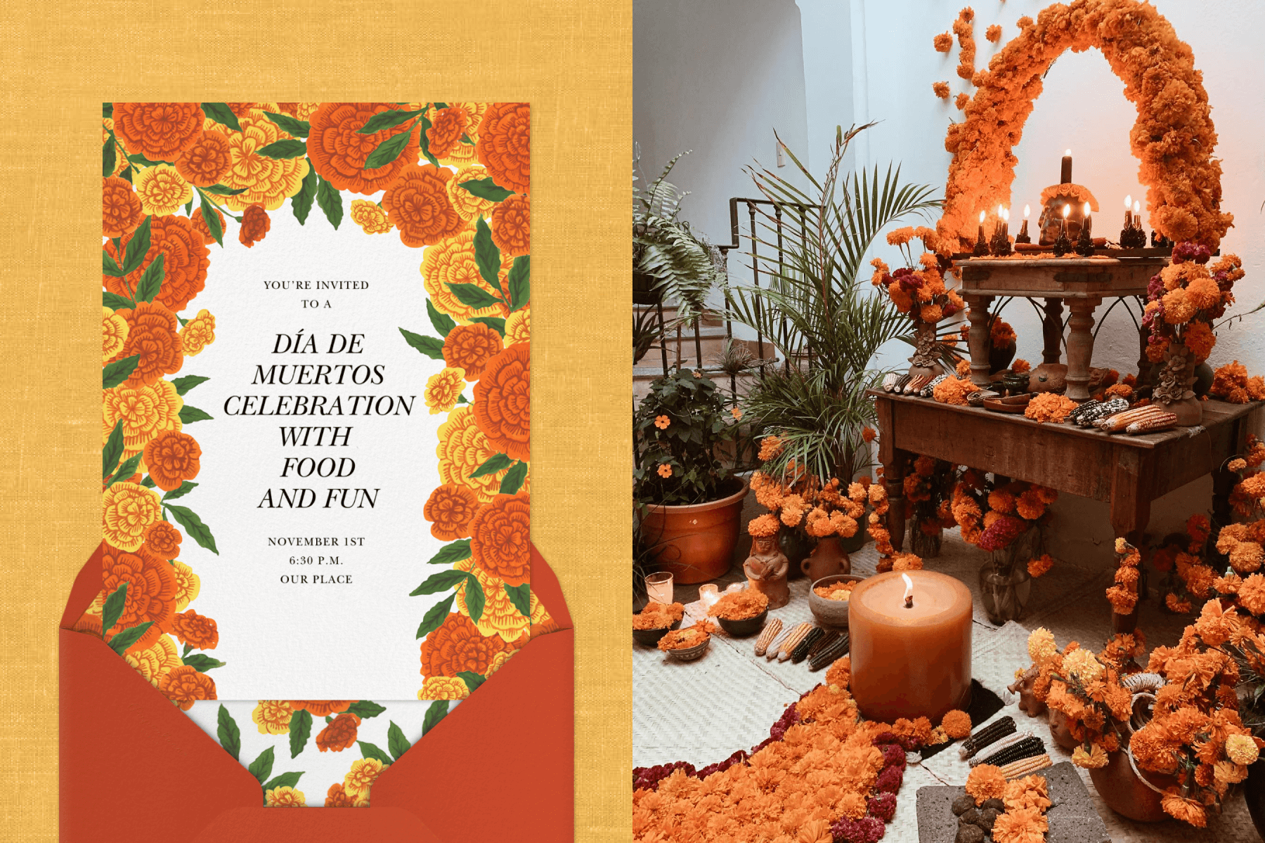 Left: A Dia de Muertos invitations with an illustrated marigold frame; Right: An image of an Ofrenda with two tables stacked as an altar, candles, and marigolds.