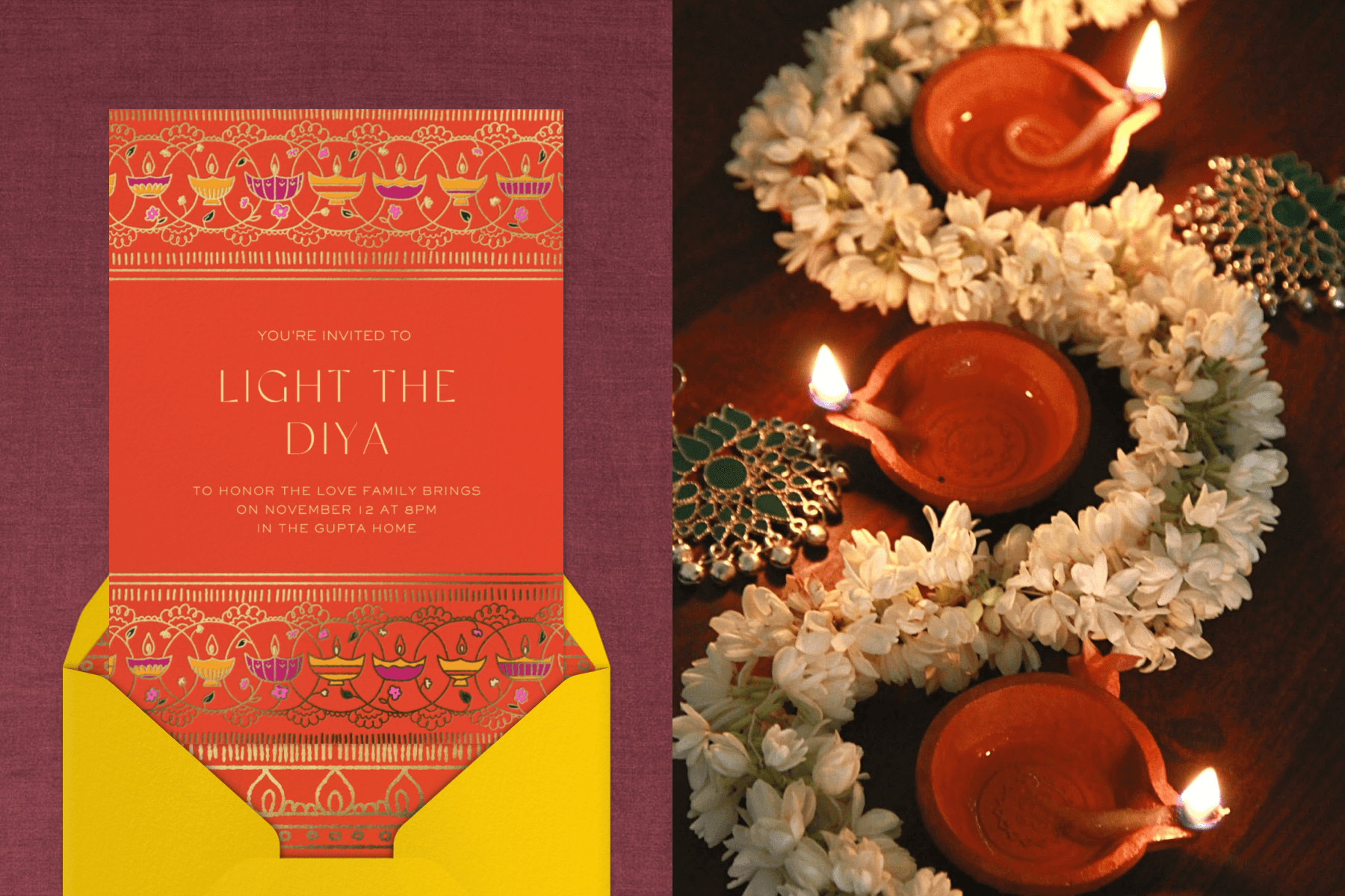 Left: An orange diwali invitation with illustrations of diyas; Right: Diyas surrounded by a flower garland.
