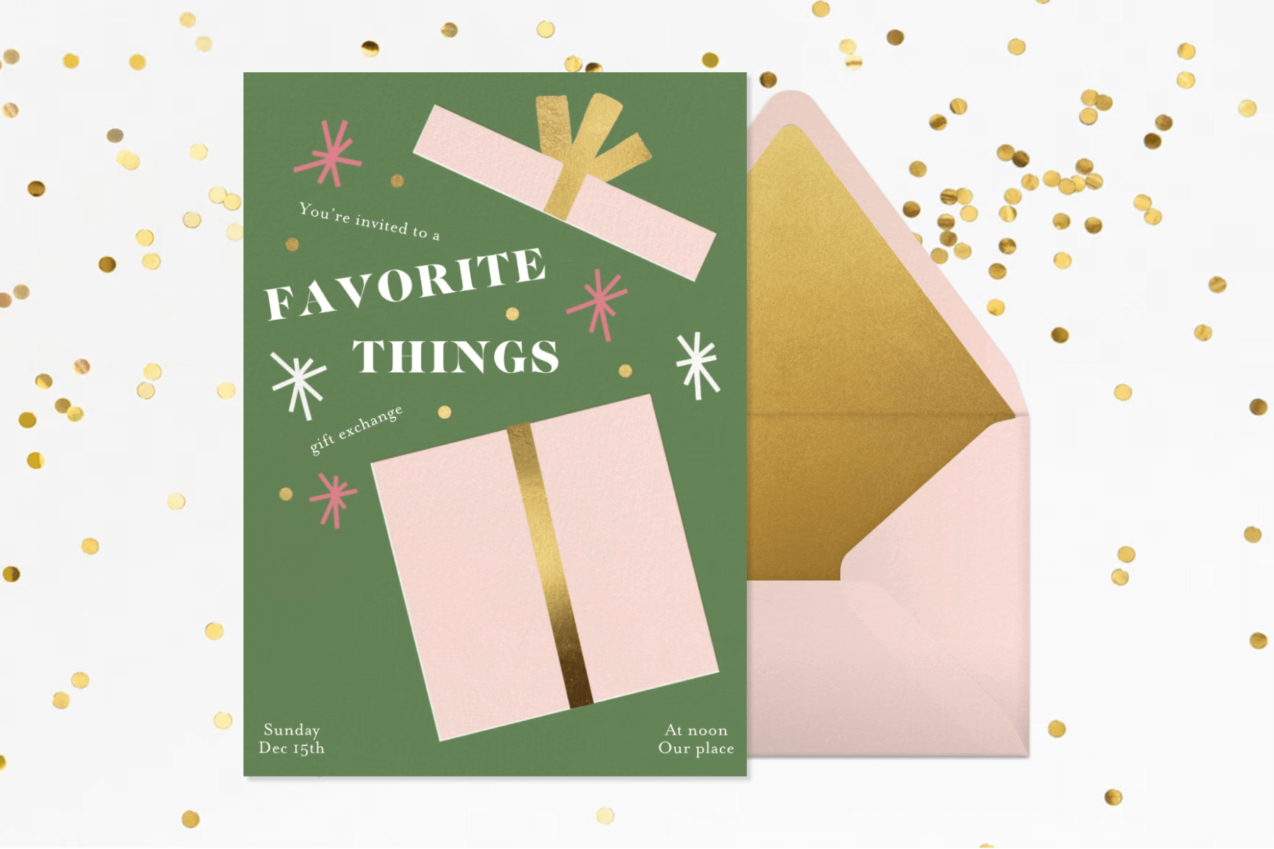 A green invitation with the text “You’re invited to a FAVORITE THINGS gift exchange” emerging from a light pink gift box, in front of a light pink envelope with gold lighting and set against a white backdrop with gold confetti.