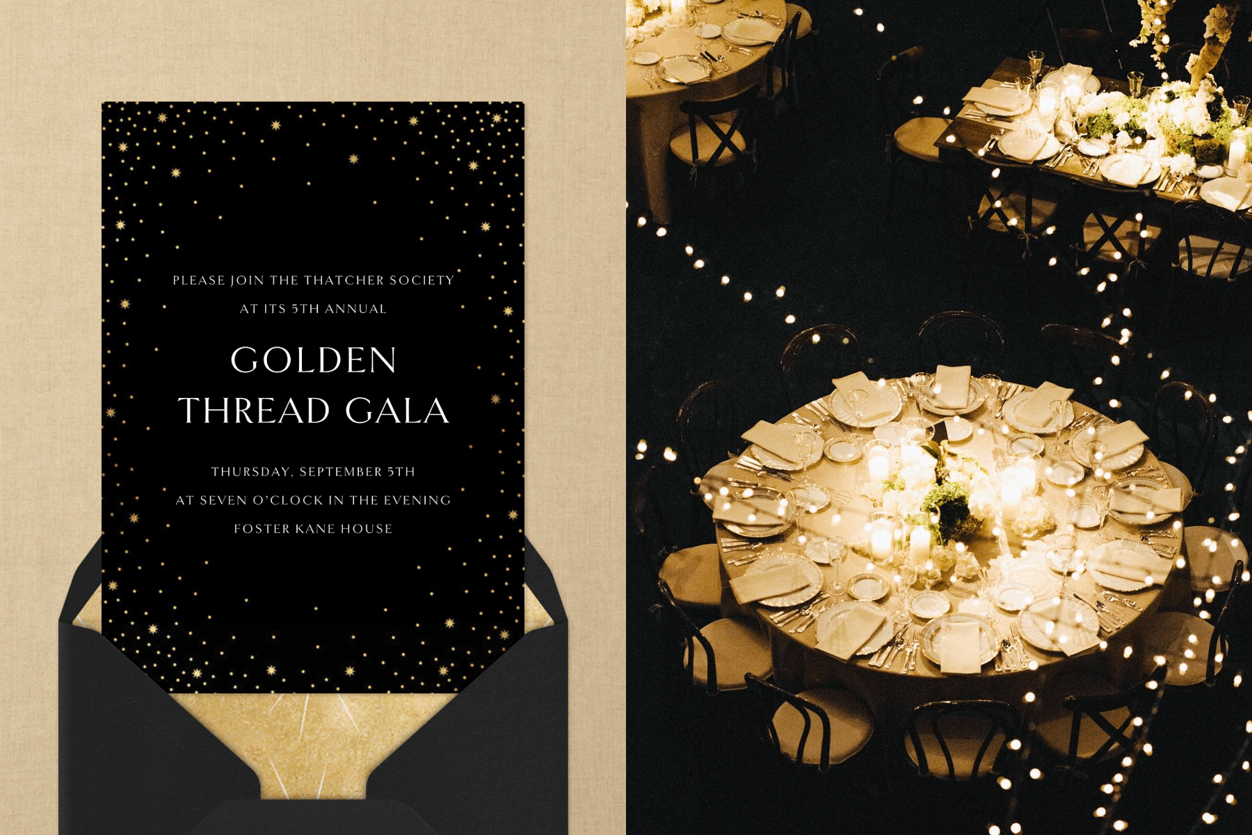 Left: A black and gold invitation with a gold dot border reads “golden thread” gala shown with a matching gold lined envelope. Right: An overhead view of a decorated table with white and gold place settings and twinkling string lights above.