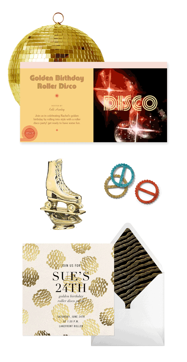 An online disco-themed invite in front of a gold disco ball; a gold rollerskate figurine and glitter napkin rings; a square card with abstract gold round shapes.