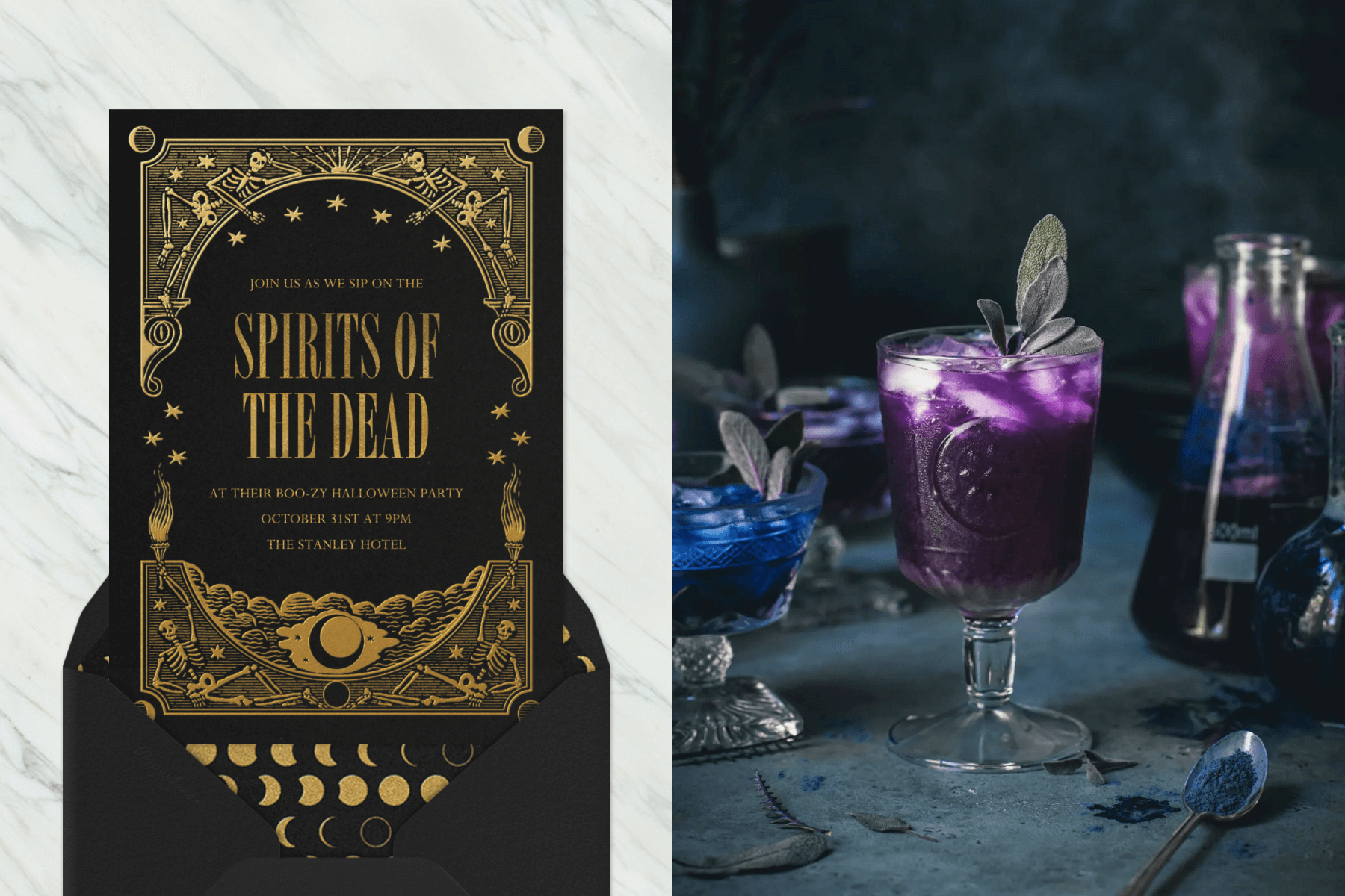 Left: A black “Spirits of the Dead” Halloween party invitation with an ornate gold border of skeletons and the night sky. Right: Purple and blue adult beverages in glass goblets in a dark setting.