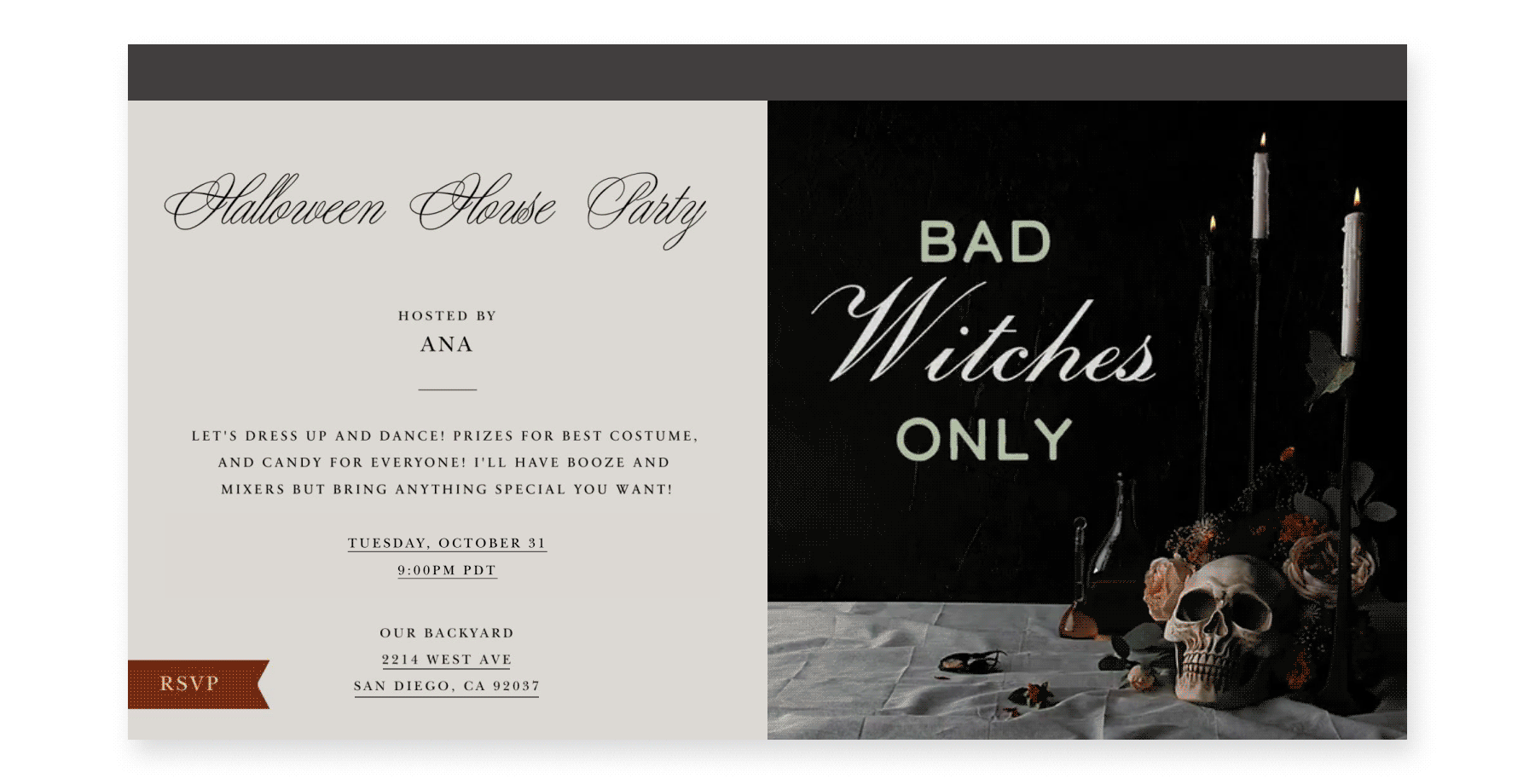An online invite for a Halloween House Party has a dark, moody image of a flower and candle arrangement with a skull and flickering flames with the words “Bad Witches Only.”