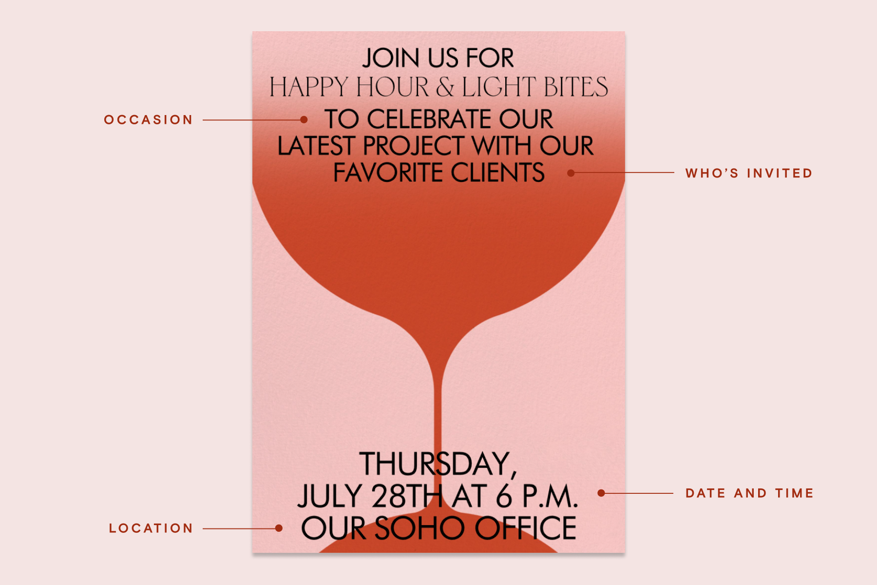 A pink invitation with a large red stemmed glass and the event details diagrammed out on the sides.