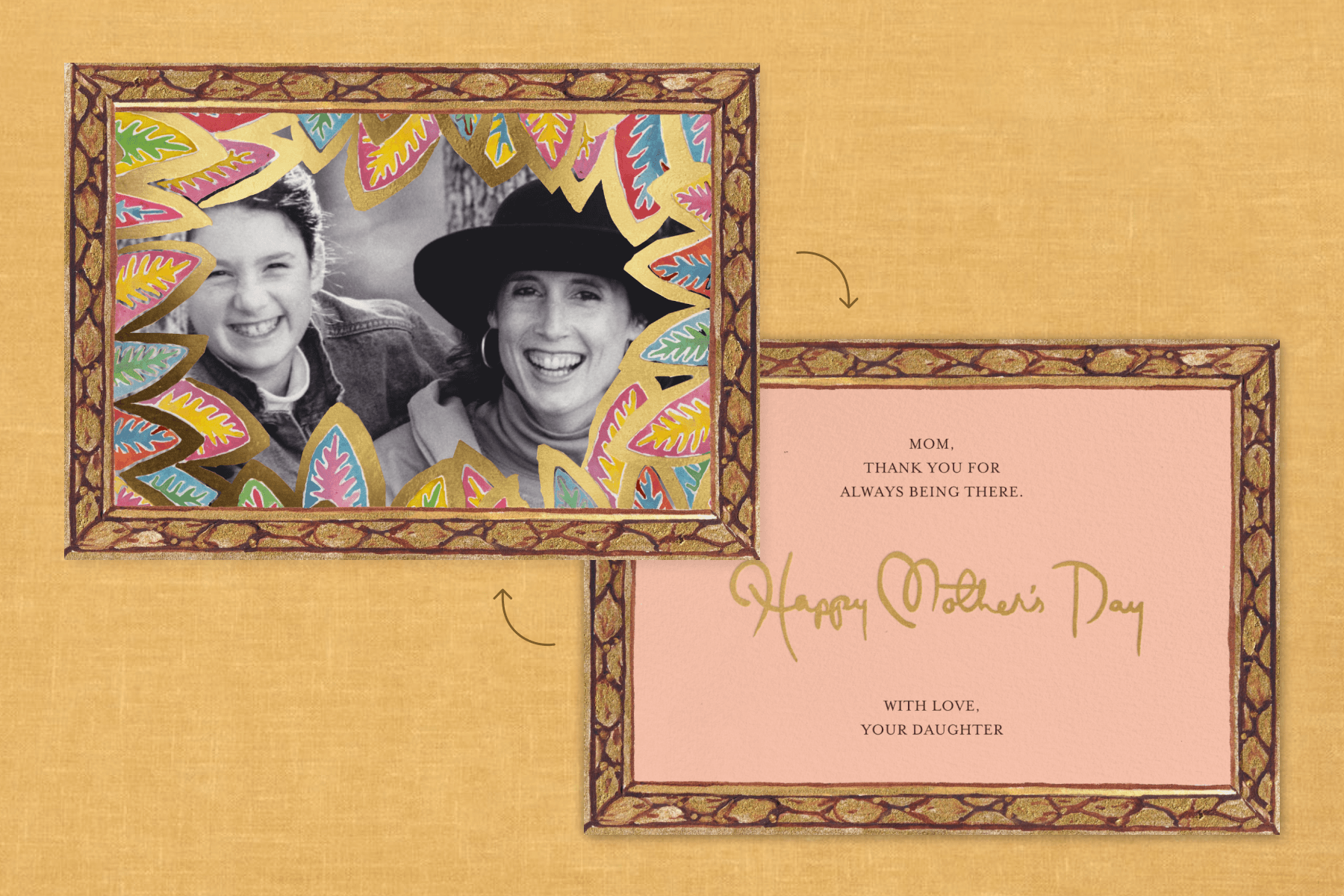 A card with a black and white photo of a young Happy Menocal with her mother Katharine Barnwell in a gold painted frame with colorful leafy border, and the reverse with a Mother’s Day message on a pink background.