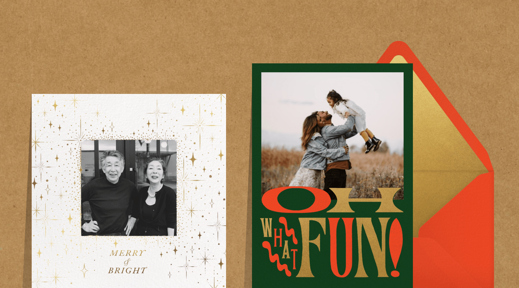 A card with small gold stars around a black and white photo of a couple; a green card says “oh what fun” in red and gold block letters beneath a photo of a family.
