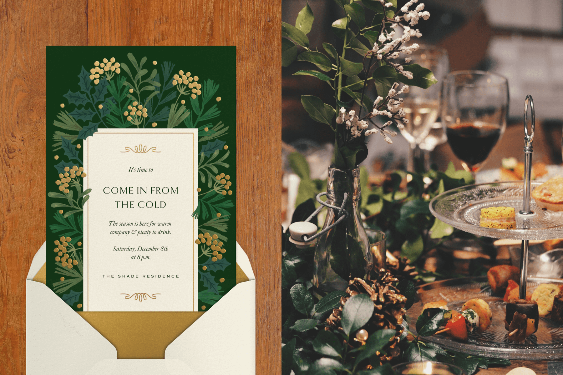 Left: A holiday party invitation with a winter berry illustration. Right: A decorated holiday table.