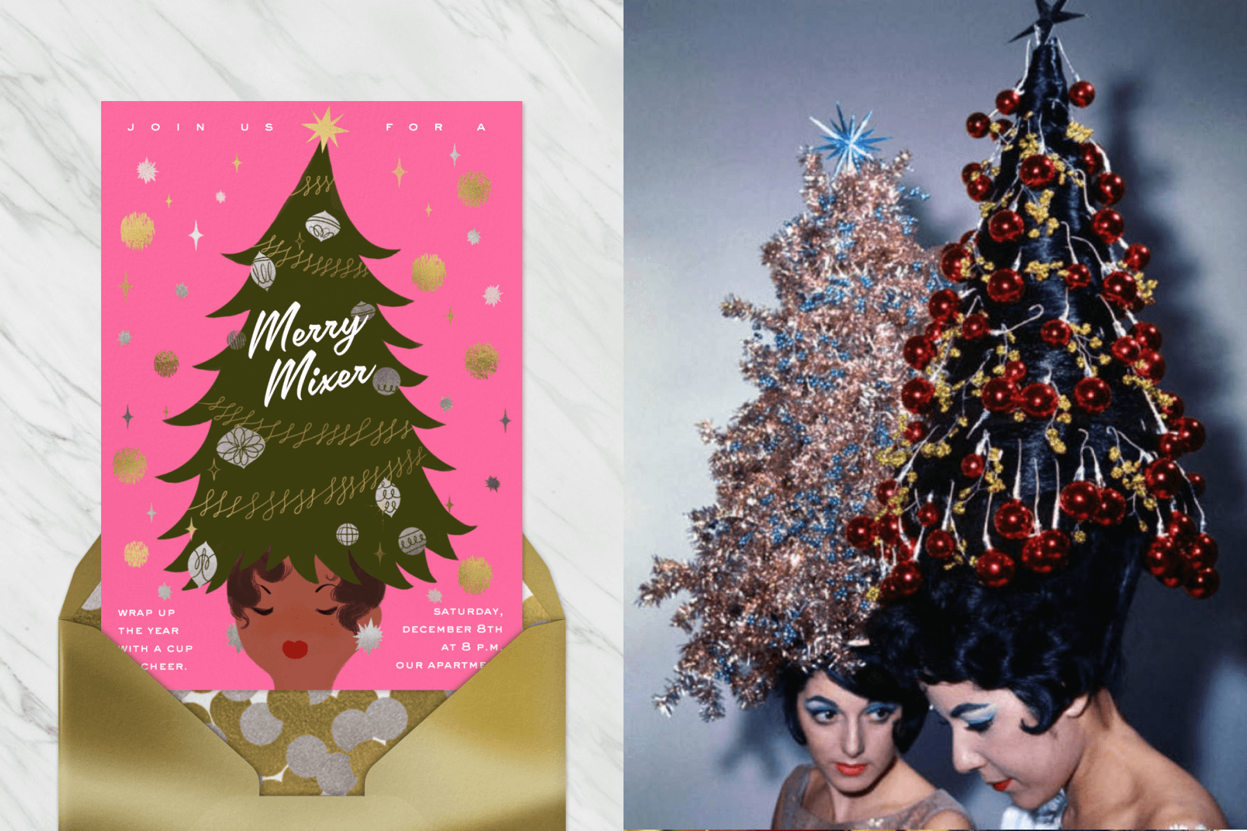 A pink invitation with a woman wearing a hat shaped like a Christmas tree; two women with beehive hairdos decorated to look like Christmas trees.