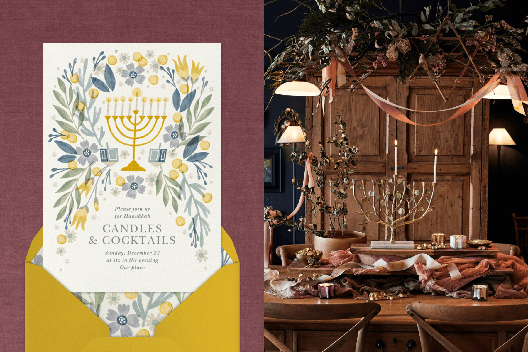 Left: A Hanukkah party invitation with a small Chanukkiah surrounded by blue, yellow, and green flowers and dreidels above a yellow envelope. Right: A tree-shaped Chanukkiah at an ornately set wooden table with a moody floral arrangement hanging above.