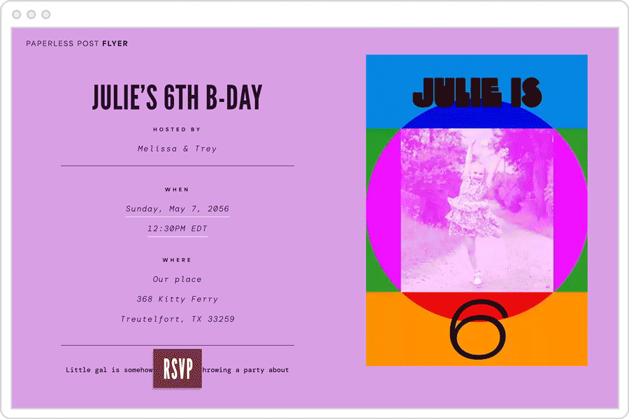 A digital invitation for a child’s birthday party featuring a photo with a flashing, multicolored filter and text overlay which reads ‘Julie is 6’. 