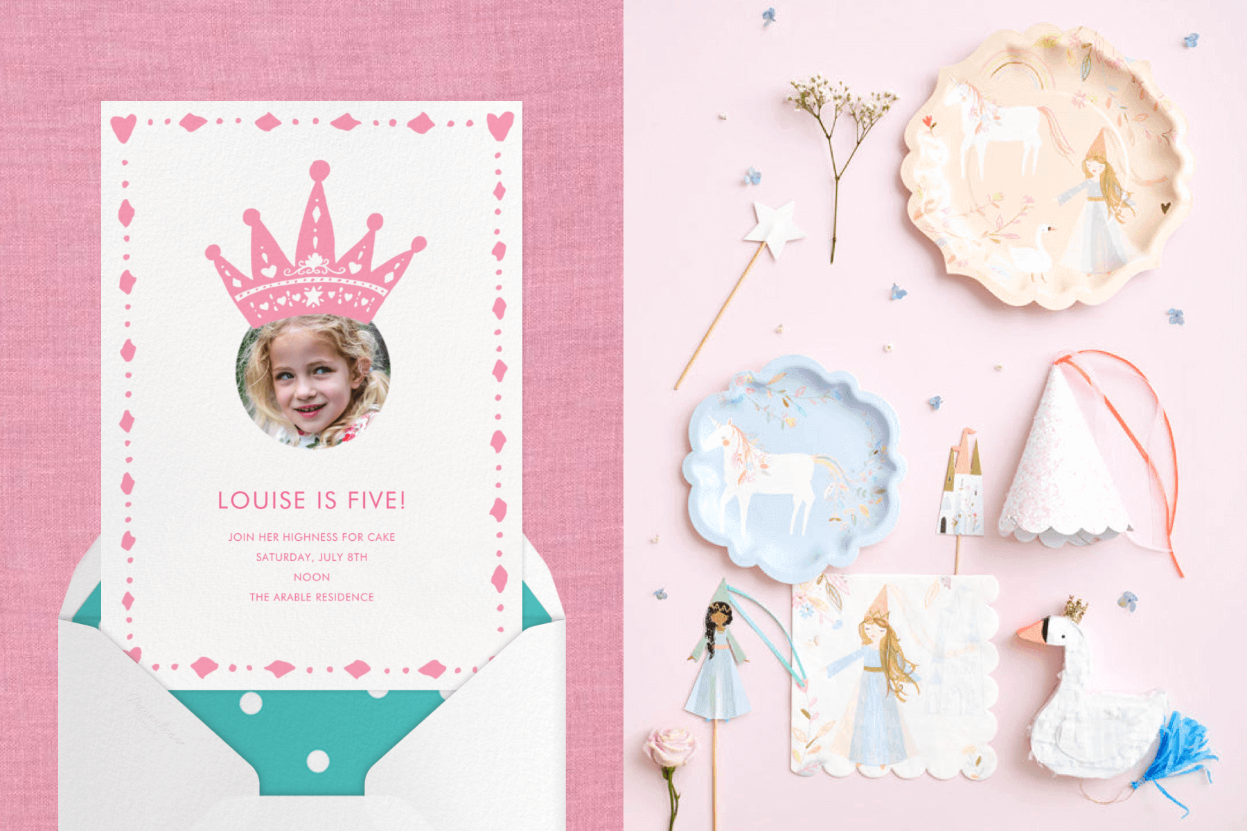 An invitation with a small photo of a girl and a pink crown illustration above it; princess-themed party plates and cake toppers.