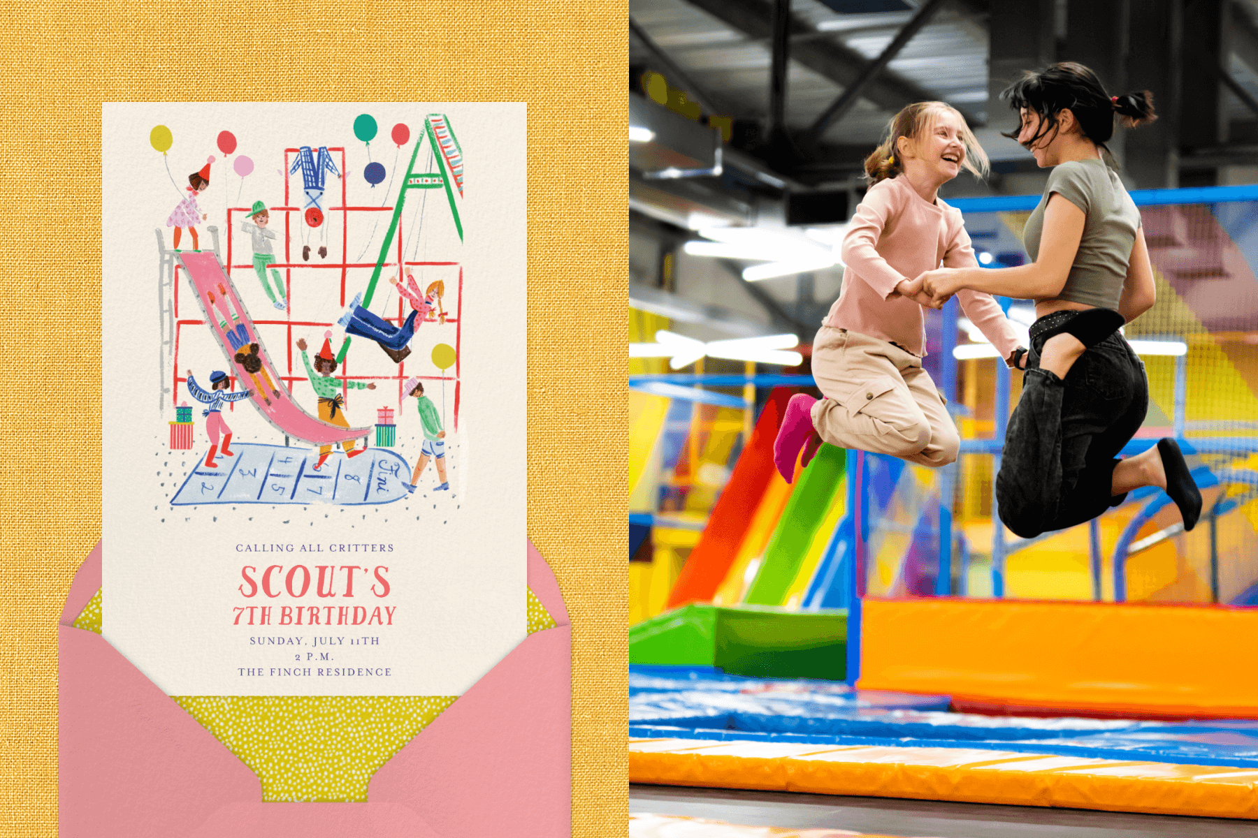 An invitation with a colorful illustration of kids on a playground; two girls hold hands as they jump on a trampoline at a gym.