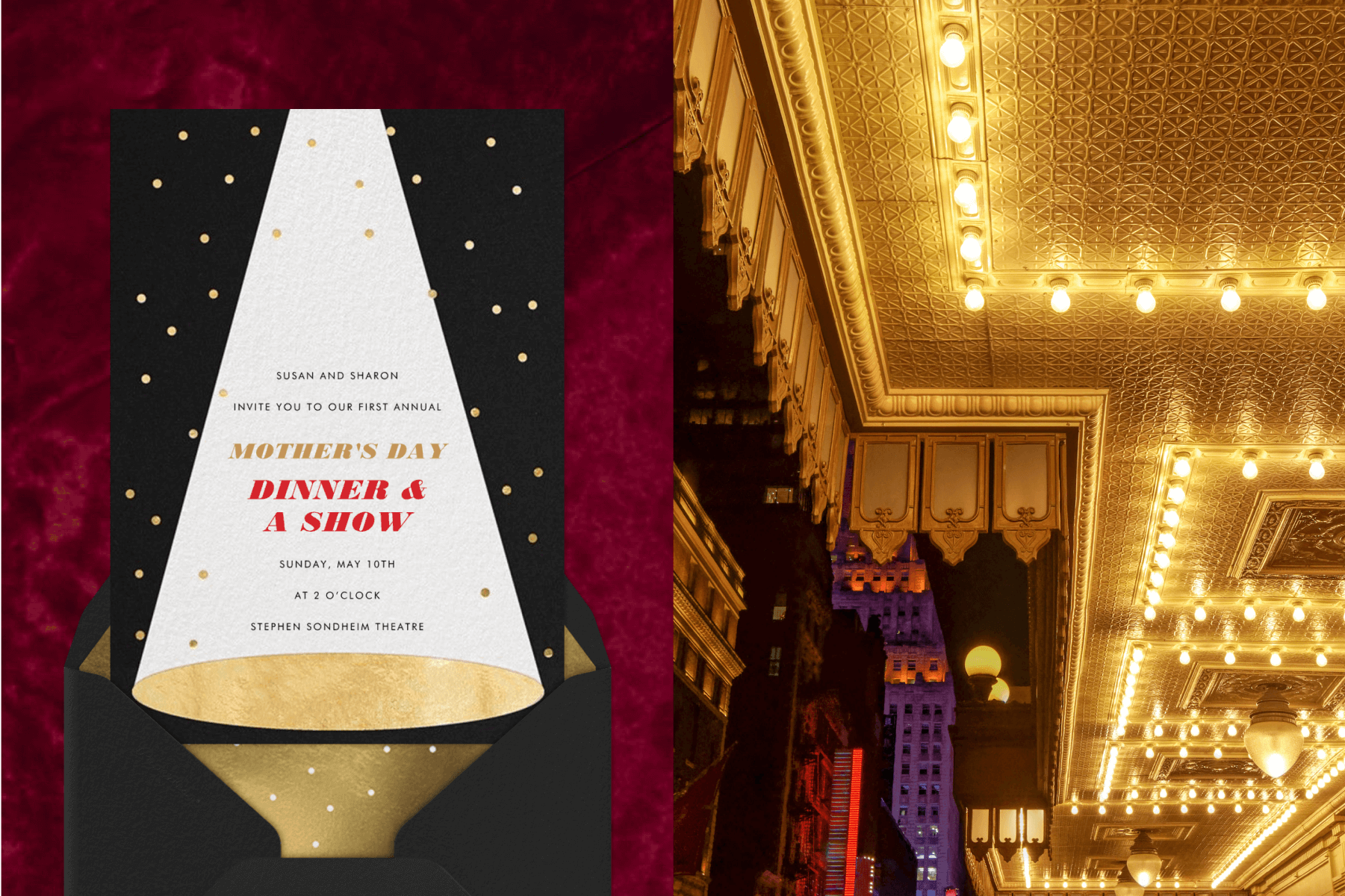 An invitation with a spotlight on a gold stage and twinkling lights; an ornate gold tin ceiling in a theater.