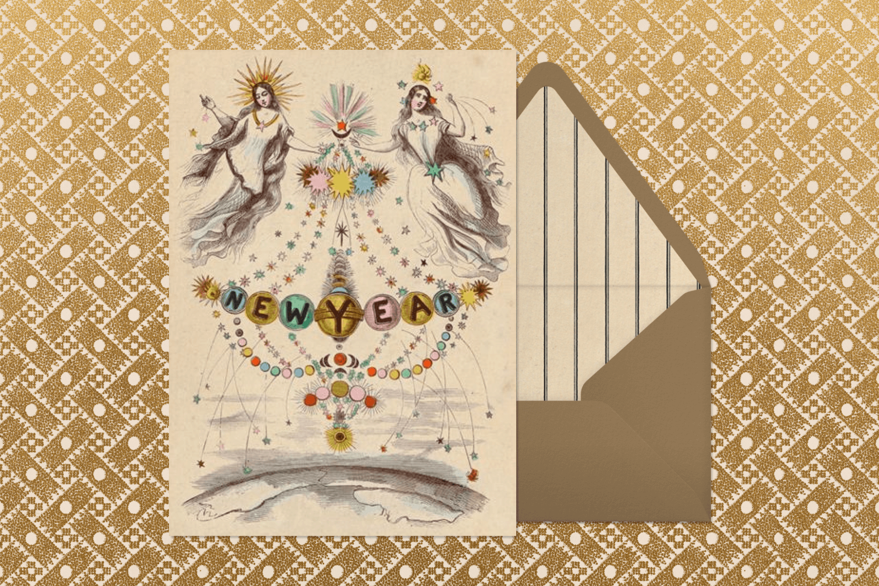 A card witha vintage drawing of angels and colorful balls in the shape of a chandelier with the words “NEW YEAR” on a gold pattern background.