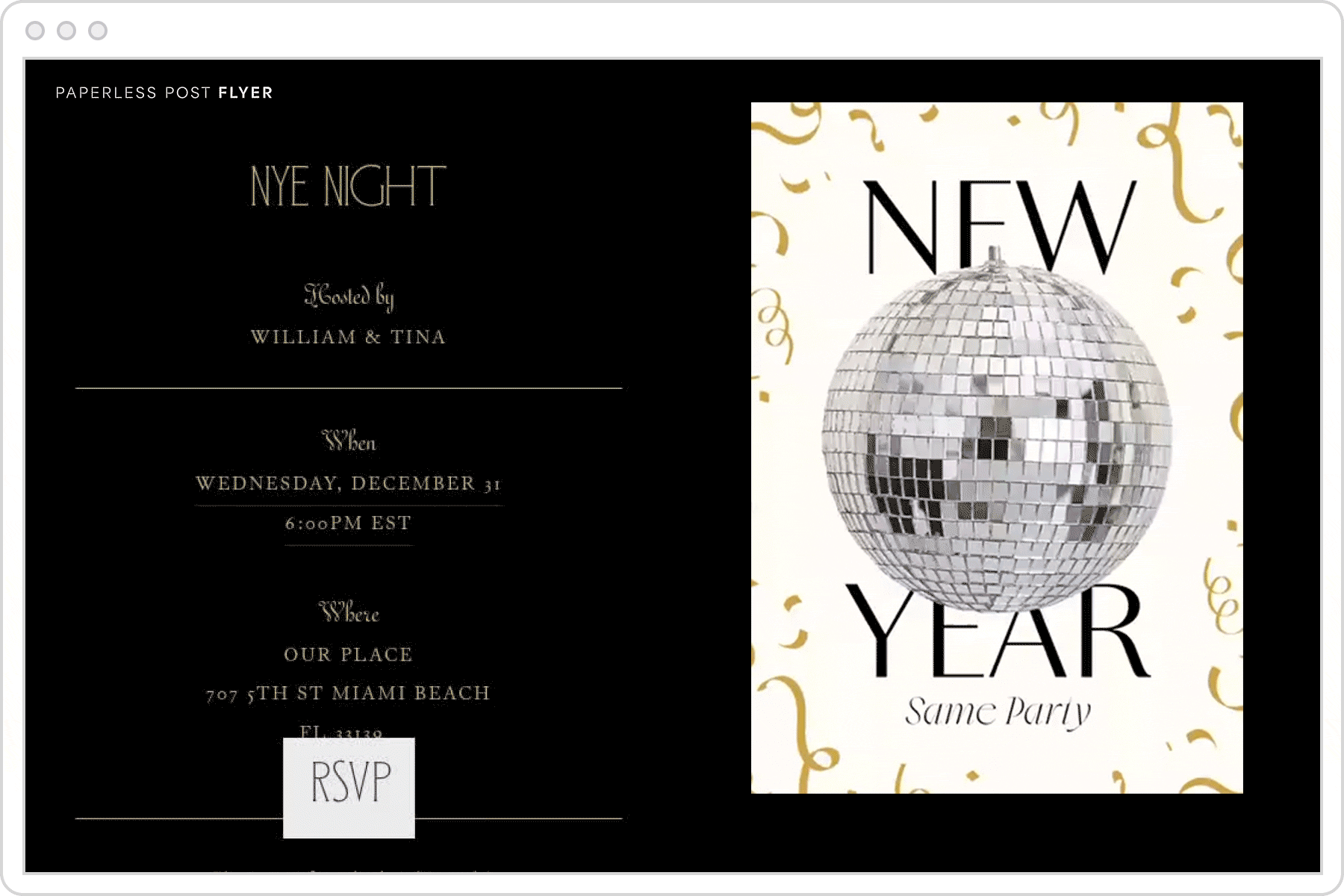A digital invitation page for a New Year's Eve party featuring a black background and an animated graphic with a disco ball and text that reads ‘new year same party.’